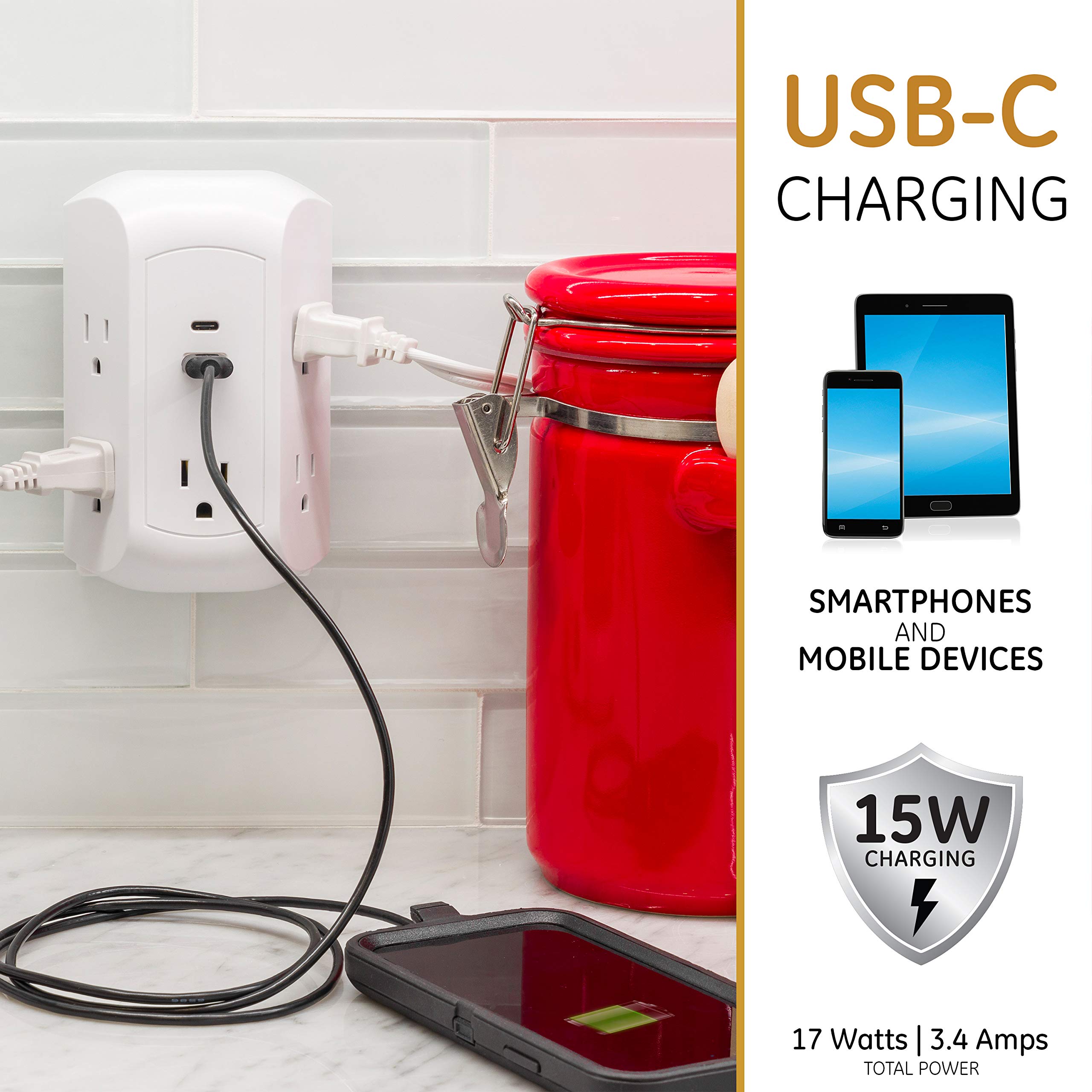 Ge Ultrapro 5 Outlet Extender With Usb And Usb C Port, Surge Protector, Spaced Wall Tap, Side Access, Charging Station, For Ipho