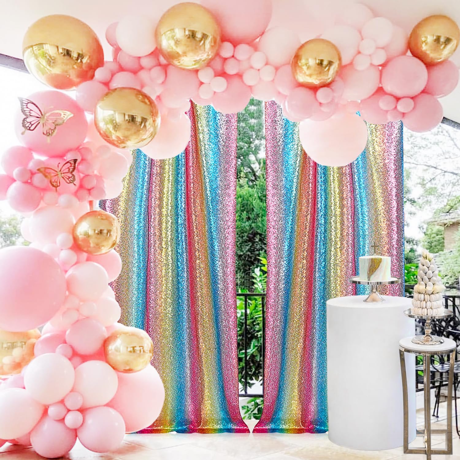 2  8Ft 2Pcs Rainbow Sequin Backdrop Curtains Panels, Photography Backdrop Glitter Curtains Fabric Background For Wedding Party D