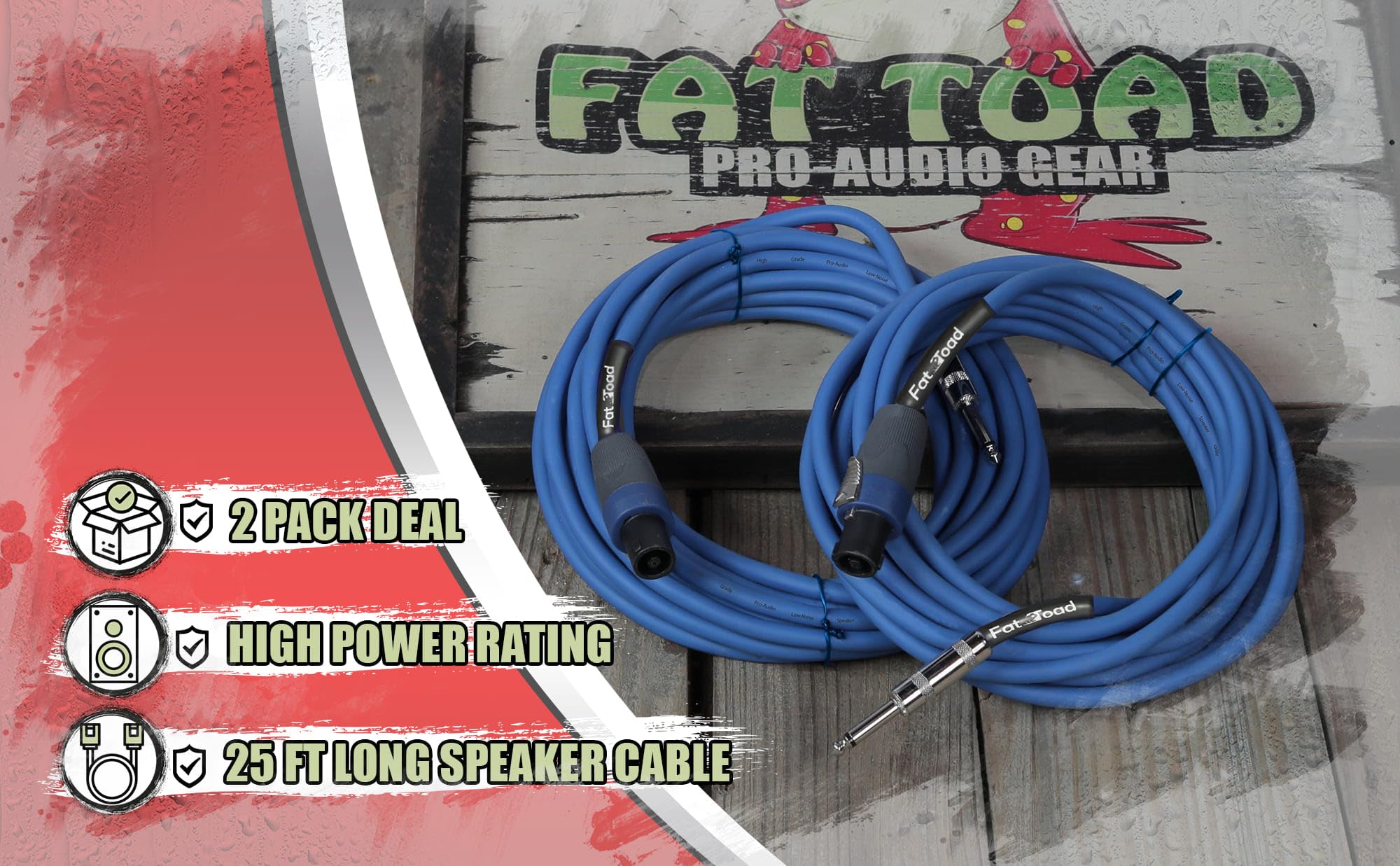 Fat Toad Speakon To 1/4'' Male Cables (2 Pack) 25 Ft Professional Pro Audio Blue Dj Speaker Pa Cord With Twist Lock Connector |