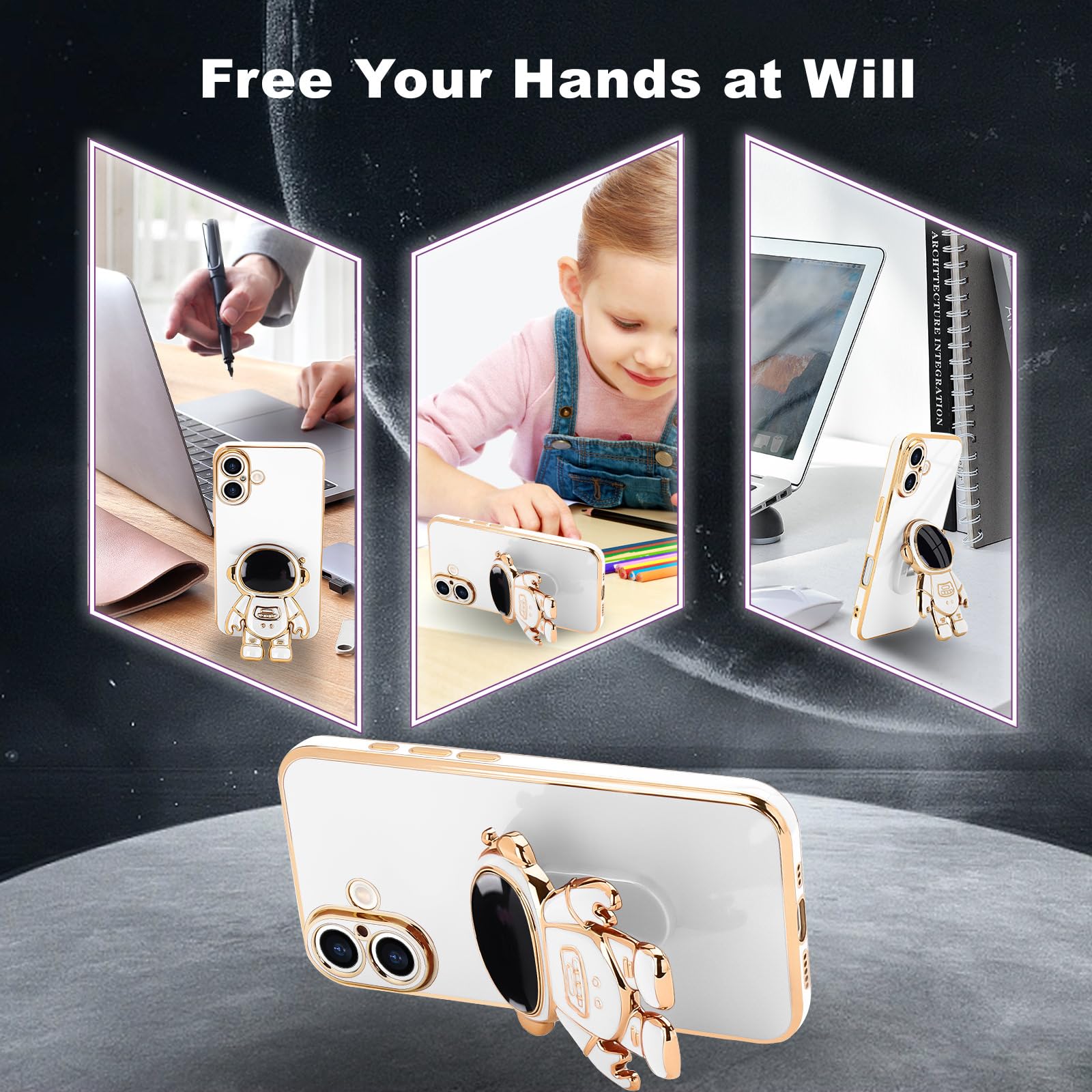 Pepmune For Iphone 16 Case, Cute 3D Astronaut Stand With [2 Screen Protector] [Camera Protection] Kickstand Shockproof Bling Sil