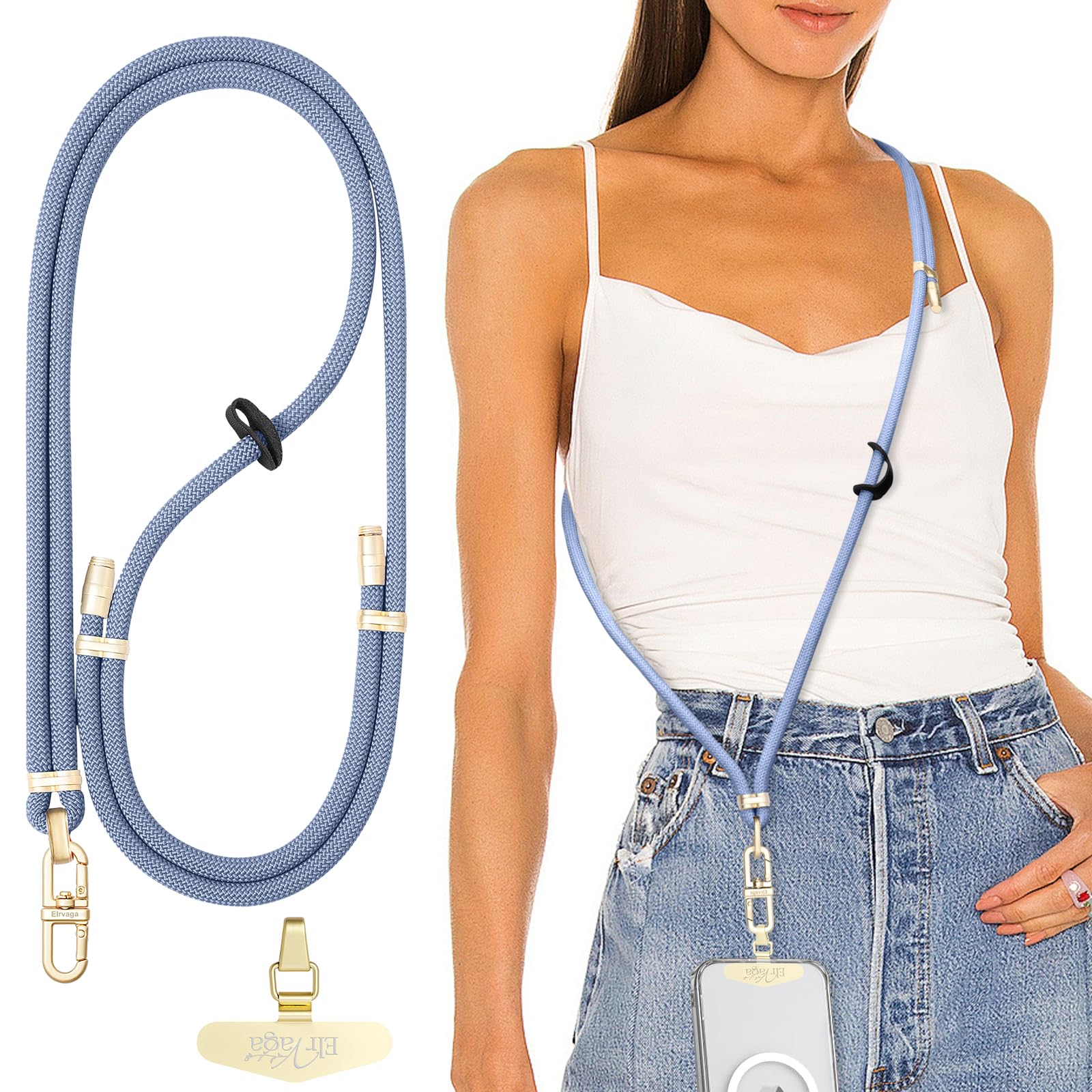 Elrvaga Adjustable Anti-Theft Phone Lanyard Neck & Crossbody Strap with 0.2mm Metal Tab & Comfort-Fit 8mm Rope (Fog Blue)