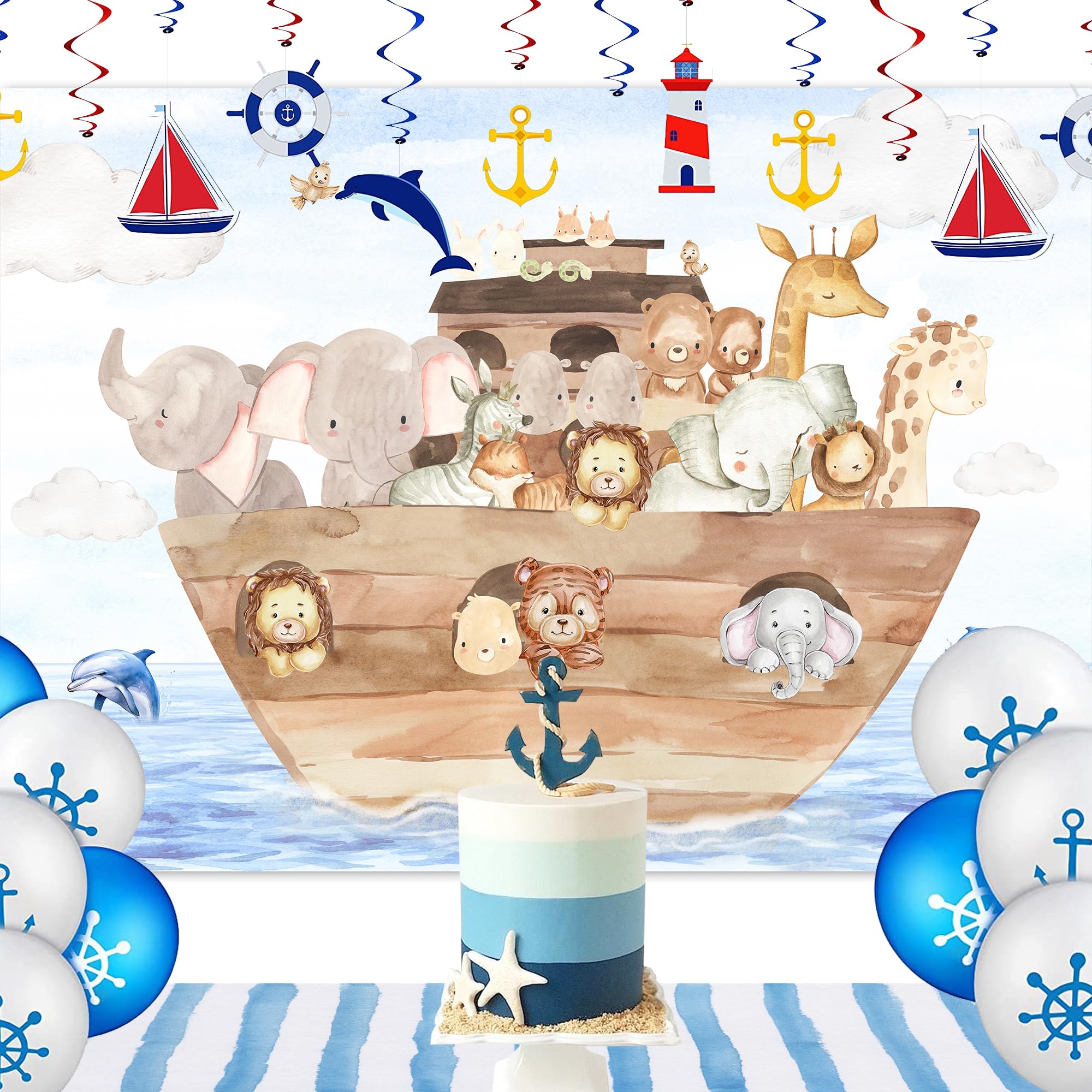 Glawry Noah'S Ark Baby Shower Backdrop For Photography 7Wx5H Feet Cute Cartoon Woodland Animals Blue Ocean Lovely Clouds Newborn