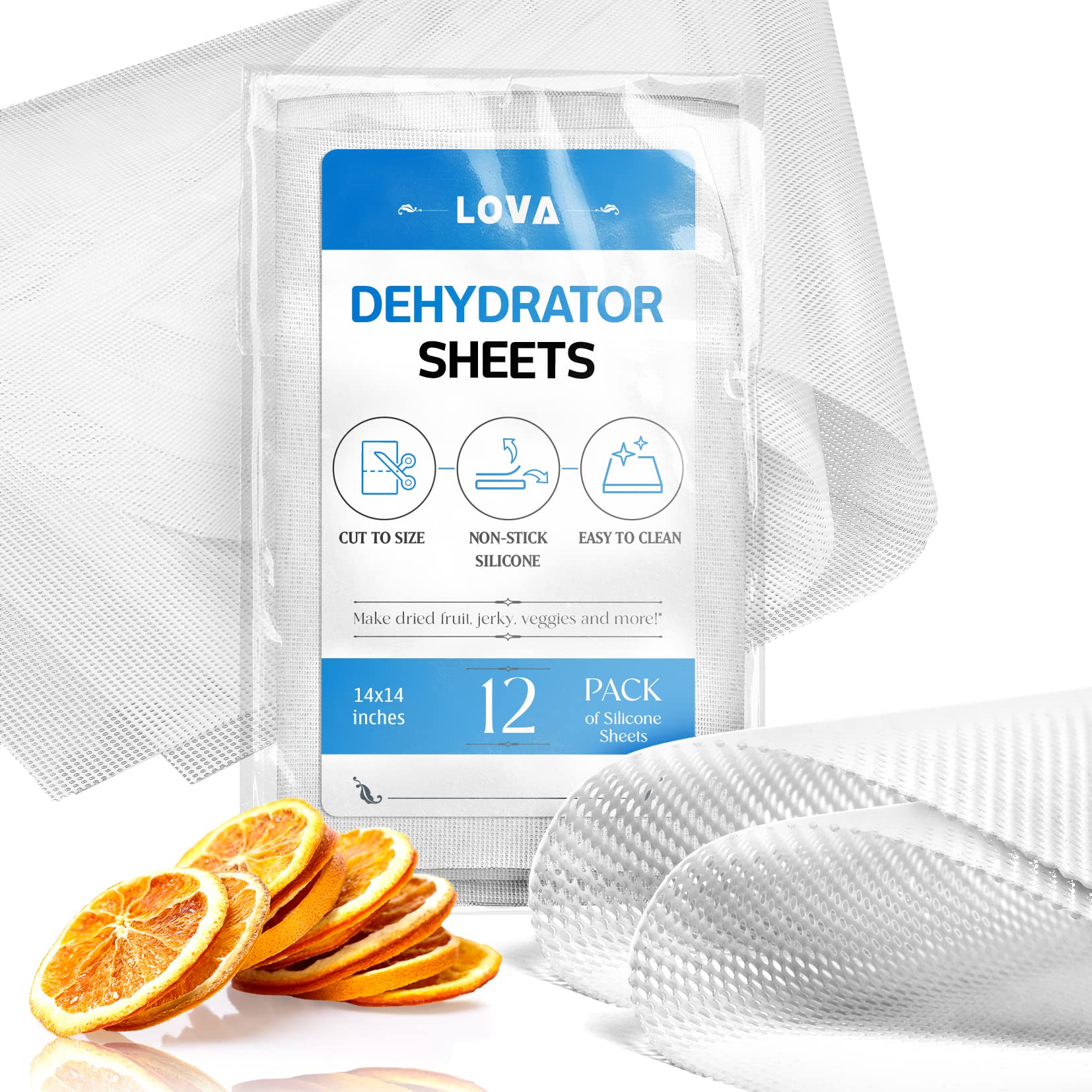 (12 Pack) Silicone Dehydrator Sheets (Free Recipes) (14in.x14in.) Dehydrator Accessories for Cosori, Excalibur, Magic Mill- Fine