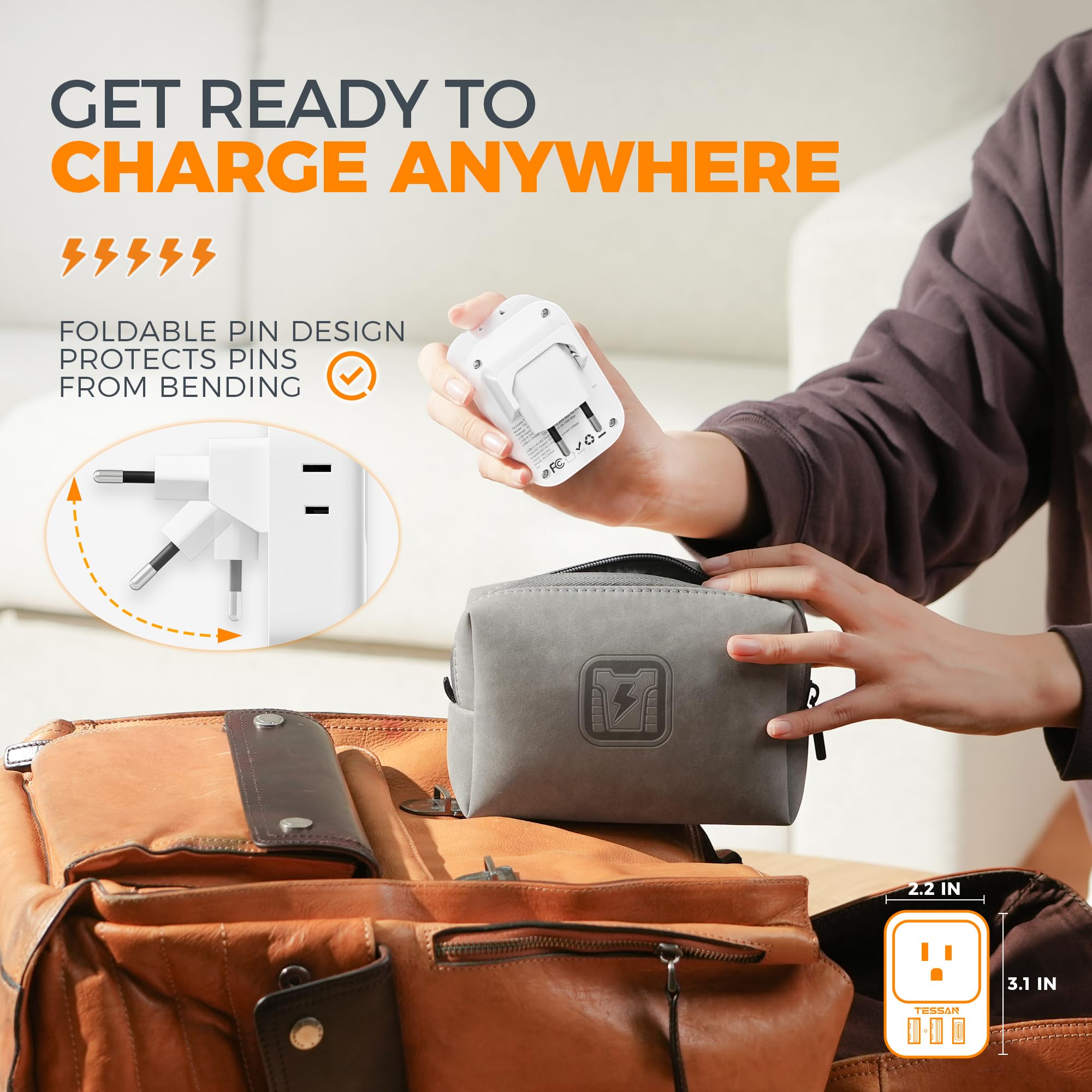 Tessan European Travel Plug Adapter 2 Packs, Type C Europe Adaptor Foldable Plug 4 Outlets 3 Usb(1 Usb C Pd 20W), Us To Spain Fr