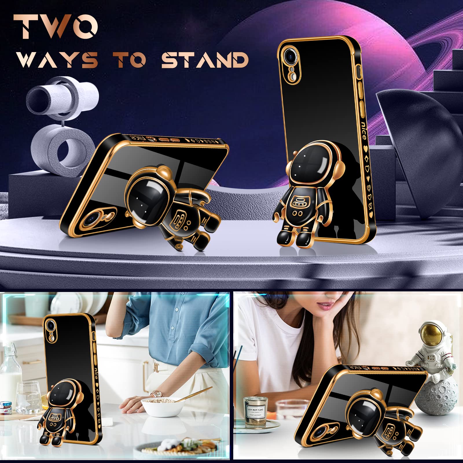 Coralogo iPhone XR Case Astronaut Hidden Stand Kickstand 6D Design TPU Black for 6.1 inch
