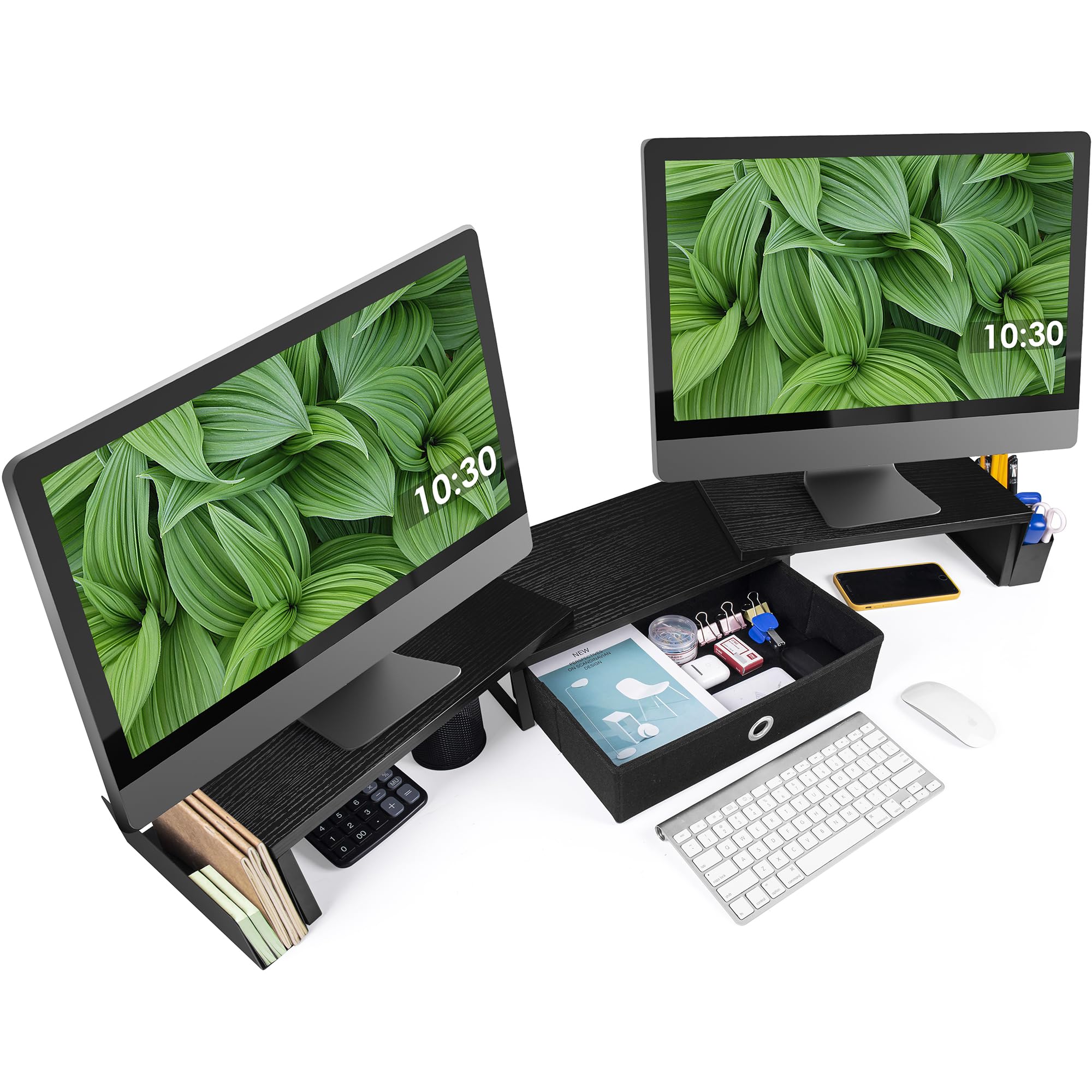 Dual Monitor Stand Riser W/ Drawer & Metal Leg, Large Computer Monitor Riser W/ Storage For 2 Monitors, Desk Shelf For Monitor W