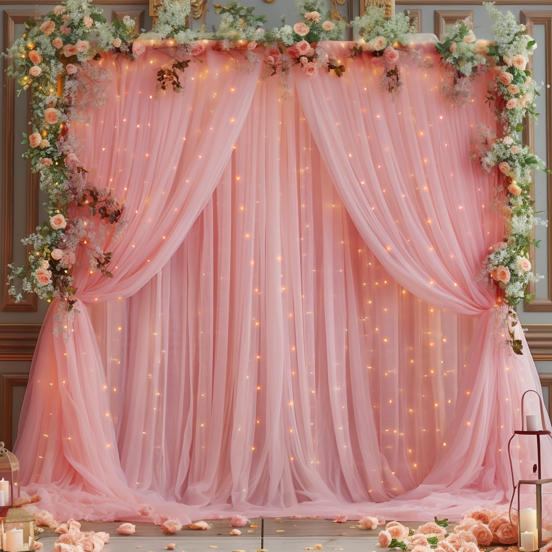 10X10Ft Dusty Rose Tulle Backdrop Curtain With Lights String For Parites, Sheer Backdrop Curtains For Wedding Baby Shower Birthd