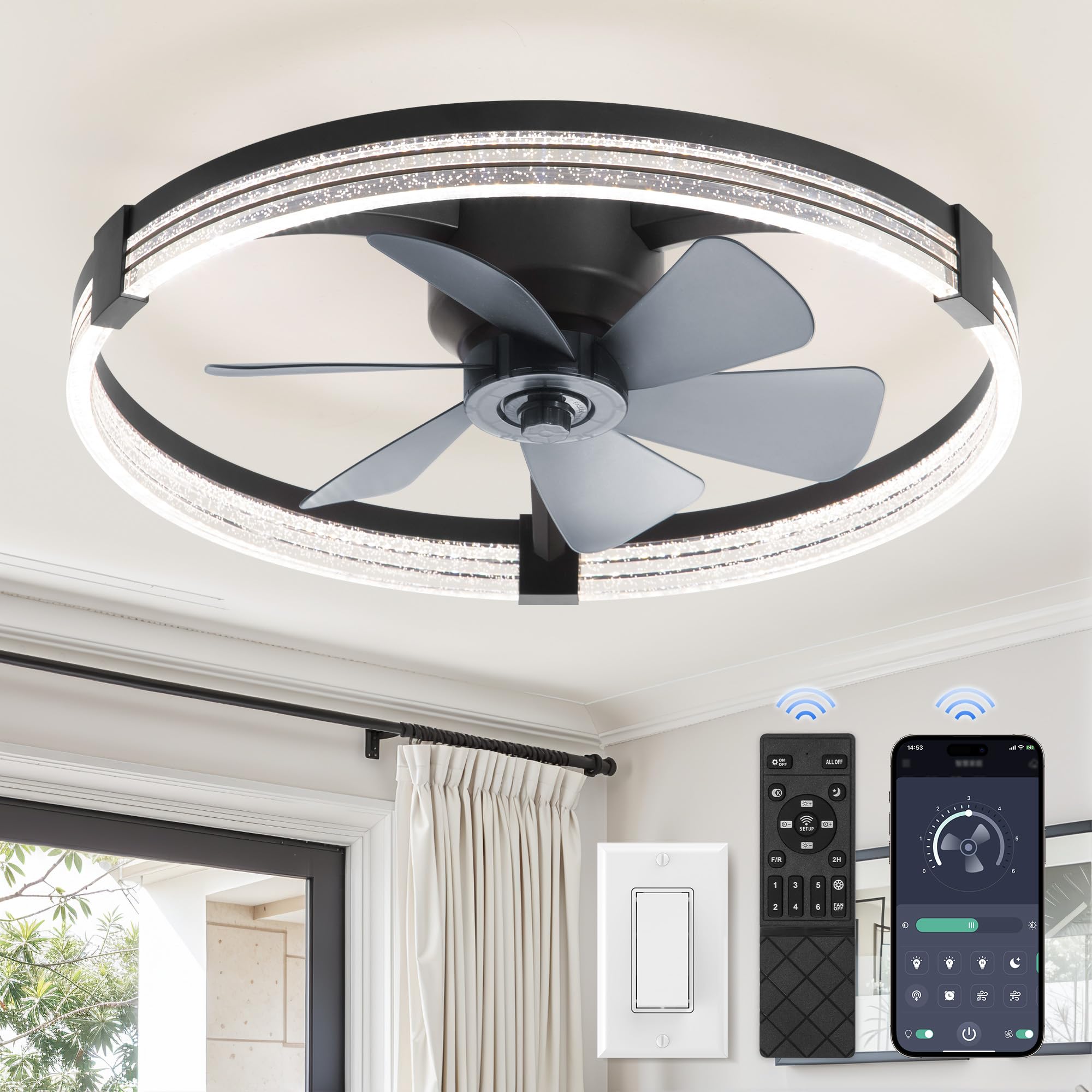 ZMISHIBO Low Profile Ceiling Fans with Lights, Flush Mount Modern Ceiling Fan and Remote Control, 23 LED Ceiling Fans, Stepless 