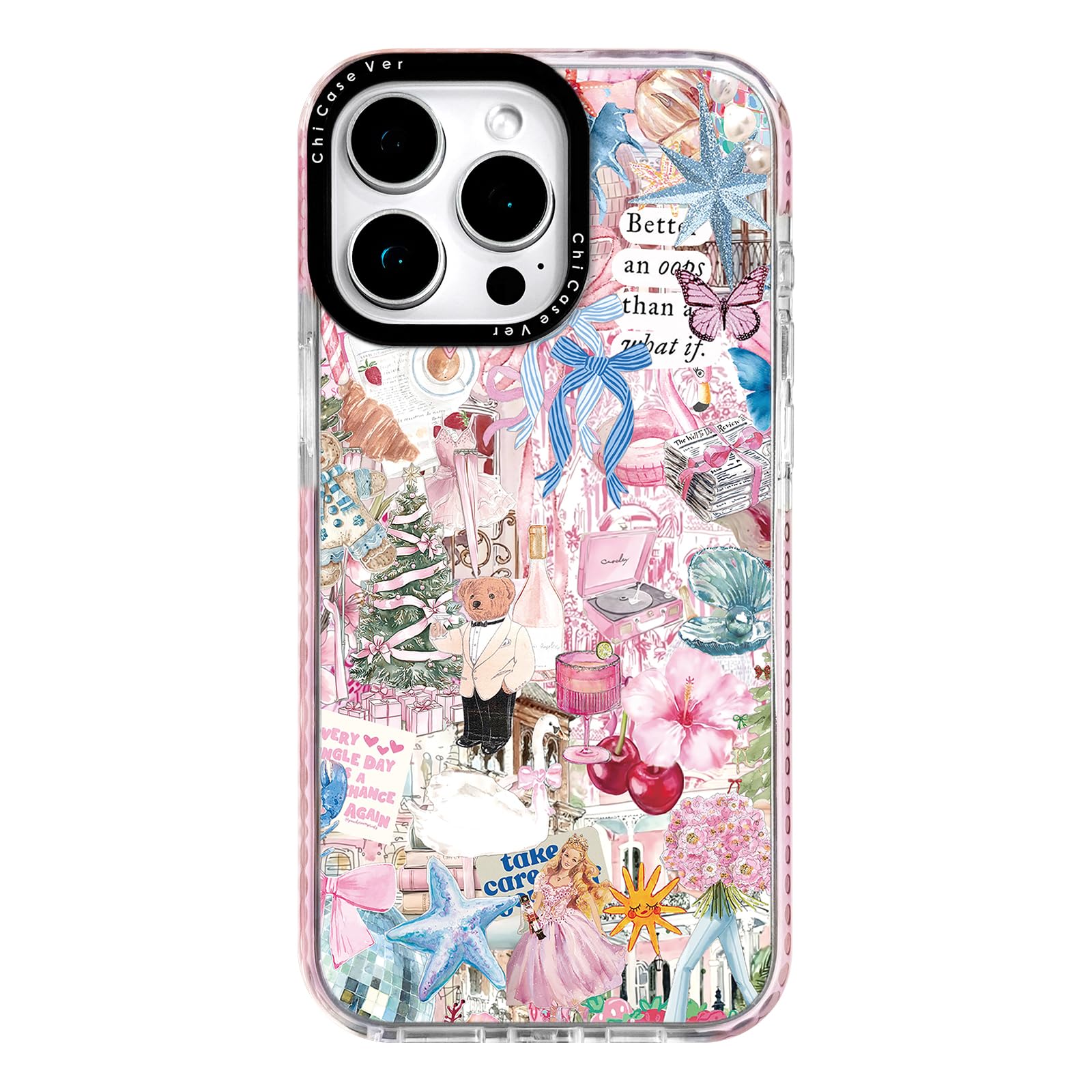 ChiCaseVer for iPhone 14 Pro Case, Pink Romantic Collage Pattern with Ballerinas & Cute Teddy, Military-Grade Drop Protection, G