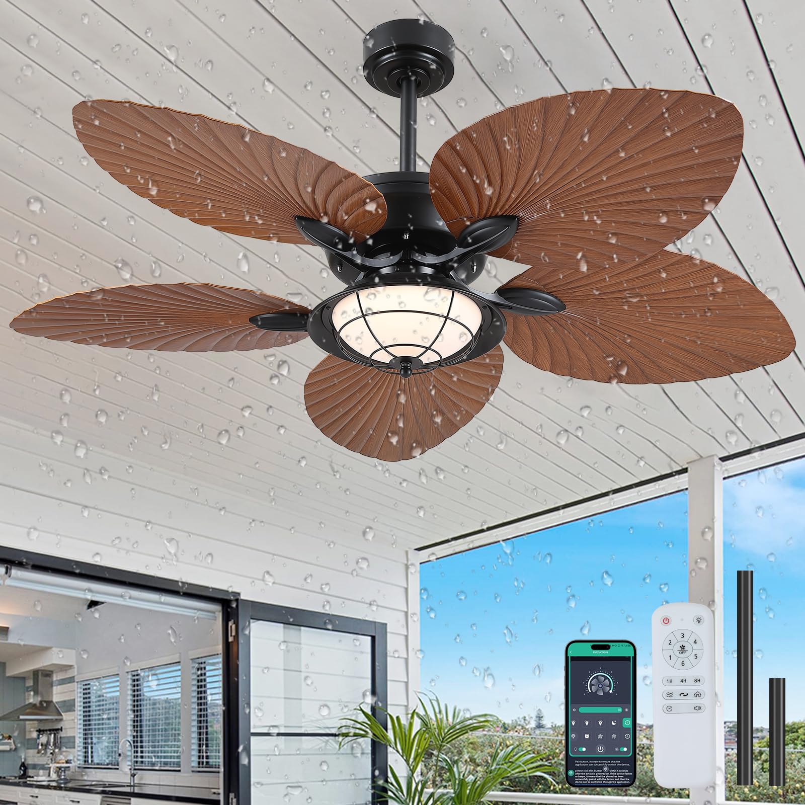 PHORUS 52 Waterproof Outdoor Palm Leaf Ceiling Fans with Lights and Remote,Wet Rated Tropical Ceiling Fans for Patios Porch Gaze