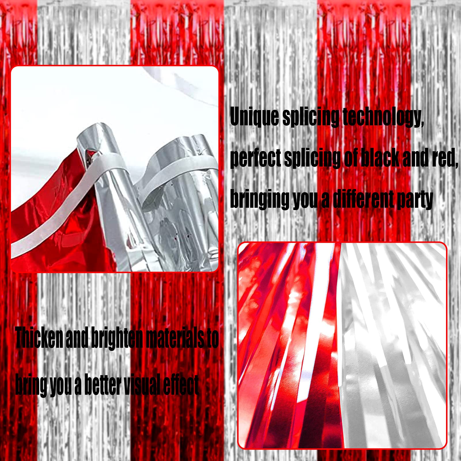 4 Pack Silver Red Foil Fringe Curtain Backdrop, 3.28Ft X 6.56Ft Metallic Tinsel Foil Fringe Streamers Curtains For Photo Booth,
