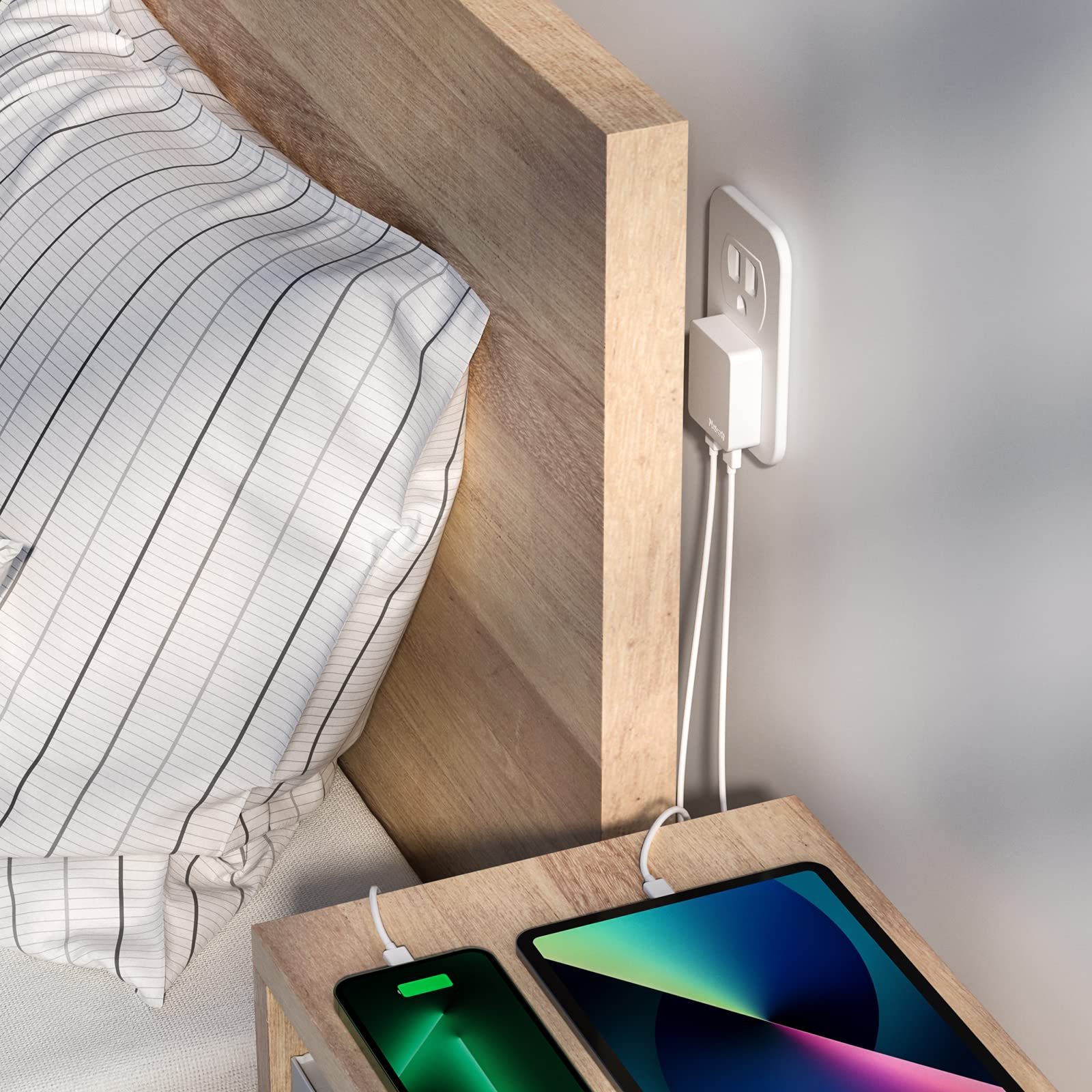 Nekmit Dual Port Ultra Thin Flat Usb Wall Charger With Smart Ic, White