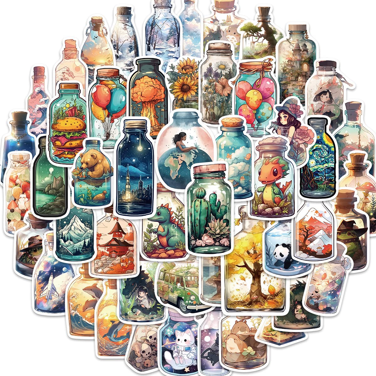 Yoksas 50Pcs World In The Bottle Stickers   Aesthetic Scenery Cartoon Anime Artist Decals For Water Bottle,Laptop,Scrapbooking,T