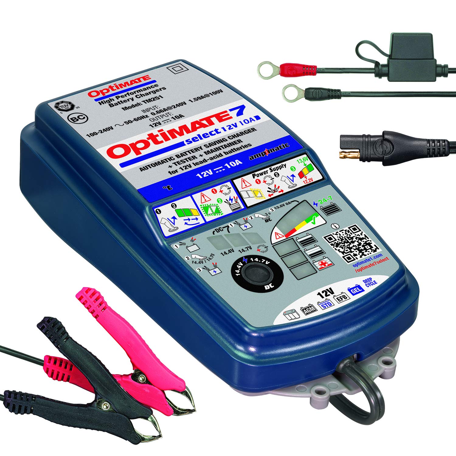 Optimate 7 Select, Tm 251, 9 Step 12V 10A Sealed Battery Saving Charger & Maintainer