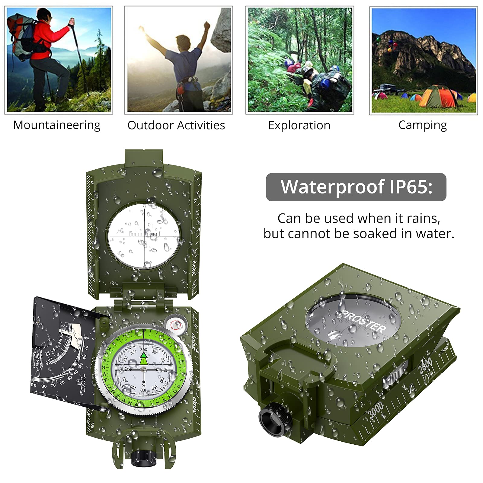 Proster Ip65 Compass Hiking Survival - Lensatic Sighting Compass For Camping Navigation, Compass With Clinometer & Carry Bag For