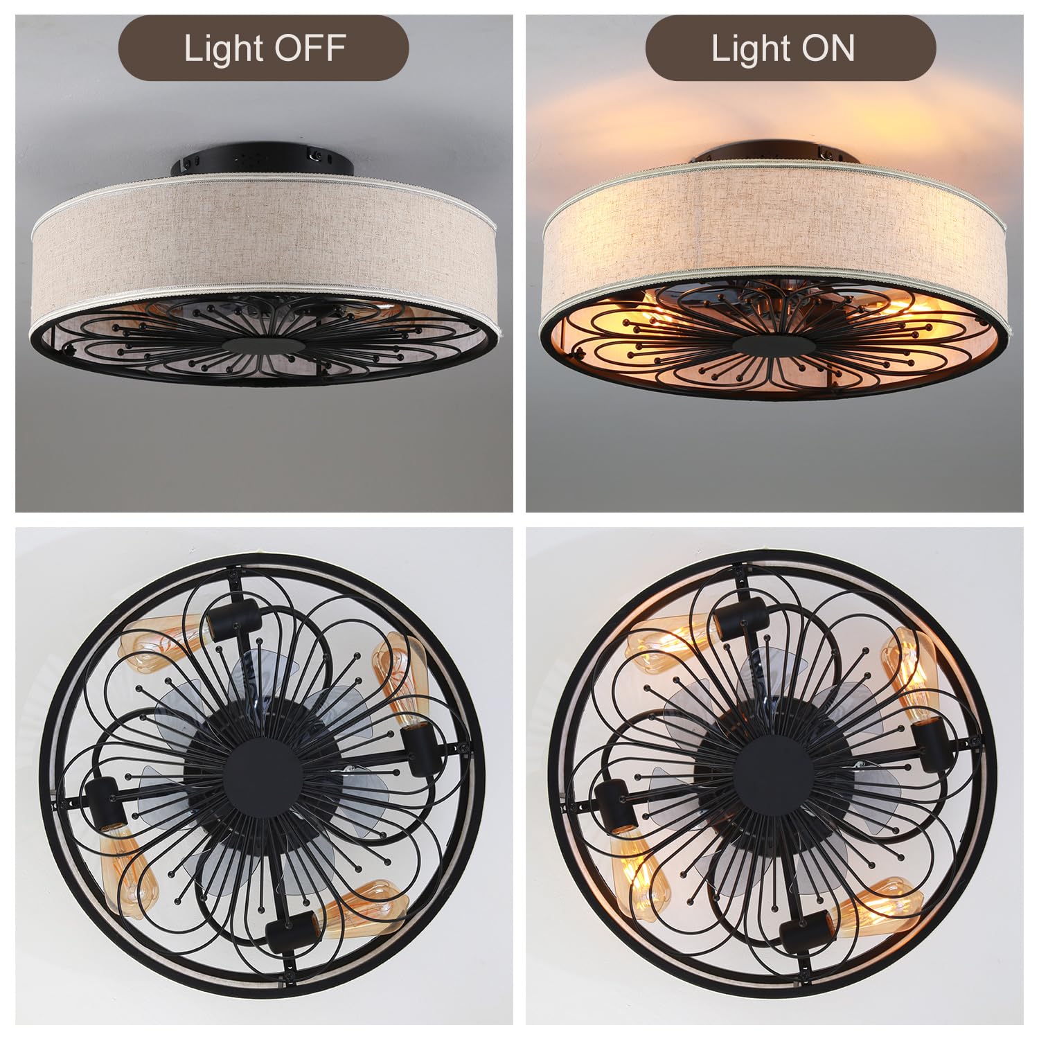 20'' Boho Rattan Caged Ceiling Fan With Light,Low Profile Flush Mount Bladeless Ceiling Fan With Remote Control, 6 Speeds Revers