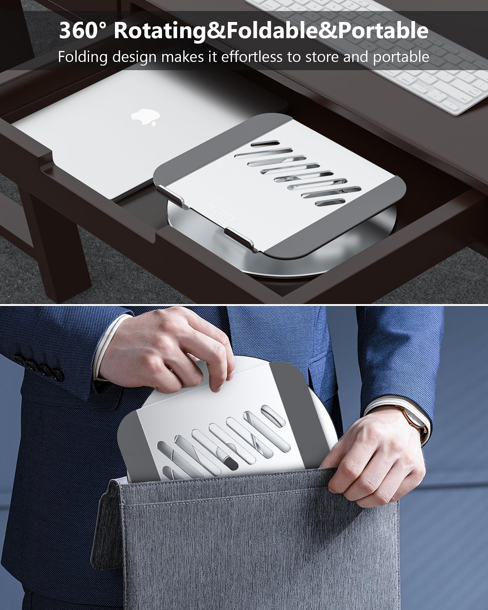 Ntmy Portable Laptop Stand,Adjustable Laptop Riser,360 Rotating Laptop Stand With Phone Holder,Foldable Laptop Stand For Desk,Er