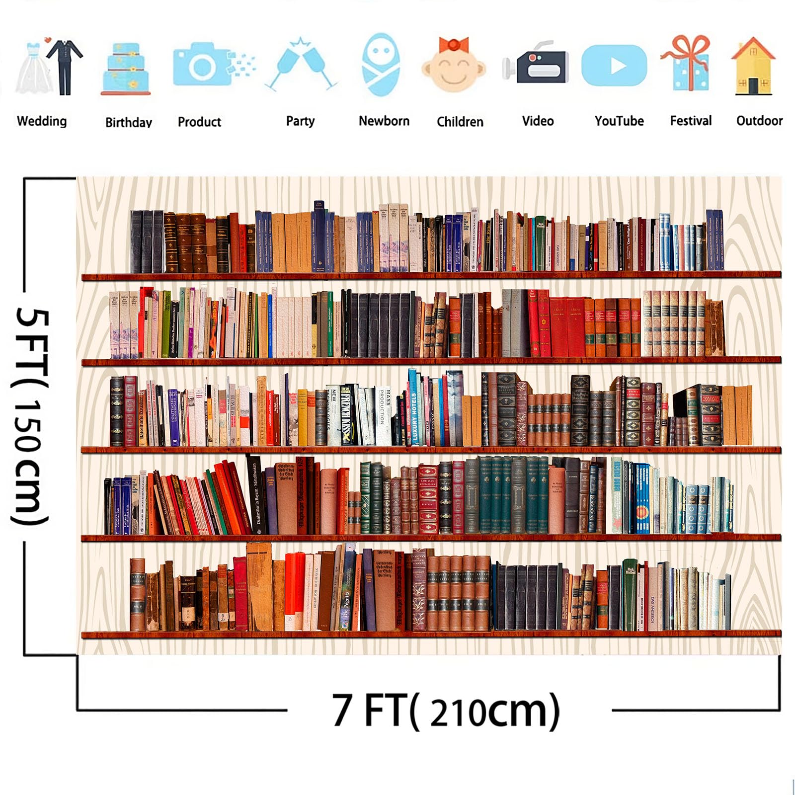 Yieldeer Library Bookshelf Backdrop 7X5Ft Polyester Books Knowledge Bookshelf Wall Hanging Decor Photography Background Theme Pa