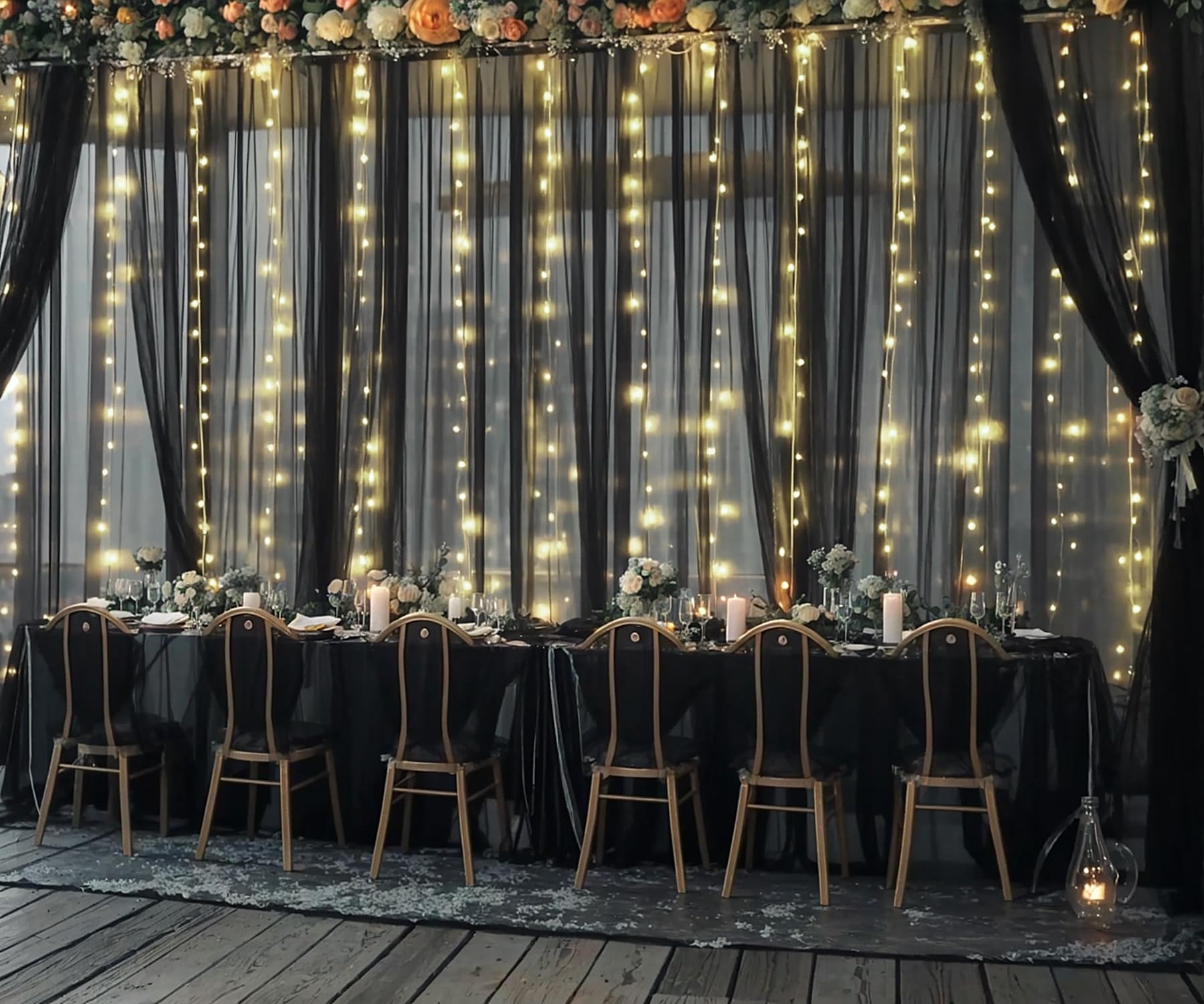 Black Backdrop Curtains With Lights String For Parties Wedding Bridal Shower 10  10Ft Sheer Tulle Backdrop Curtain Panels For Ba