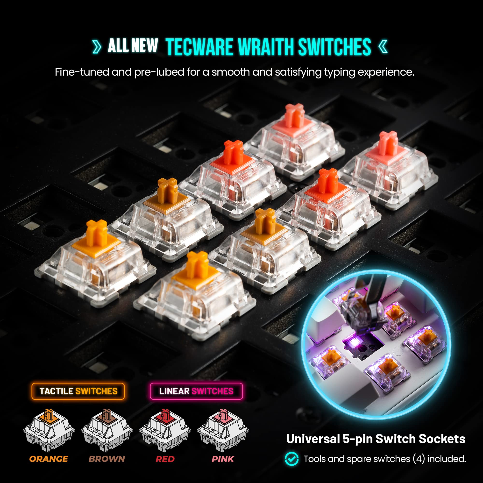 Tecware Phantom+ Elite 87 Key Rgb Mechanical Gaming Keyboard, Led Backlit, Universal Hot Swap, Wired And Wireless, 3 Mode Connectivity, Thocky Sounding, Black Elite Wraith Red