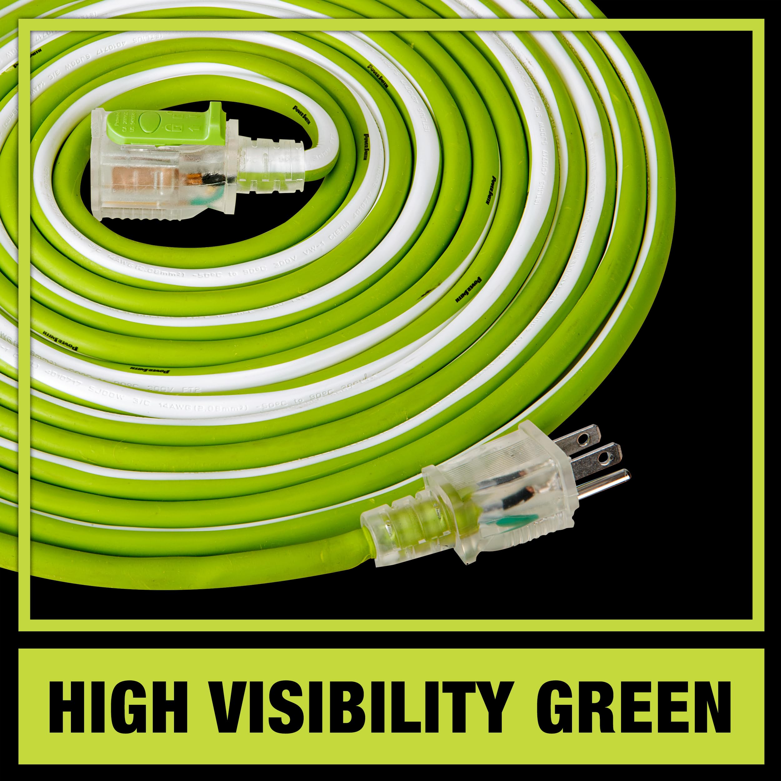 Powersmith 25 Ft. Medium Duty Extension Cord 14/3 Sjoow 15 Amp Indoor/Outdoor Locking, Lighted End,  58F To 194F, 5 Year Warrant