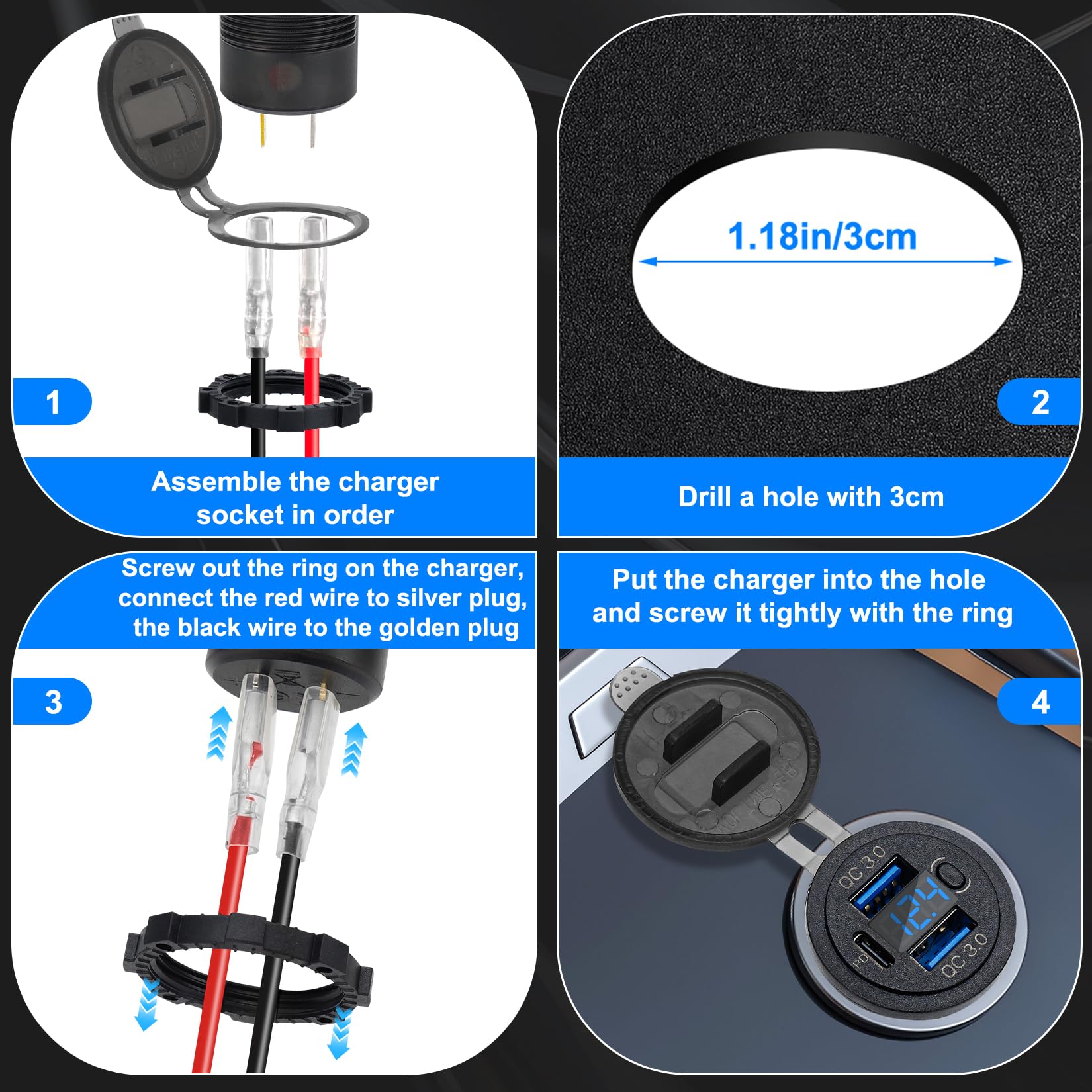 Risornda Dual Qc3.0 18W & Pd 30W Quick Charging Port, Usb C Car Charger Socket With Voltmeter, 12V Usb Outlet Waterproof For Mar