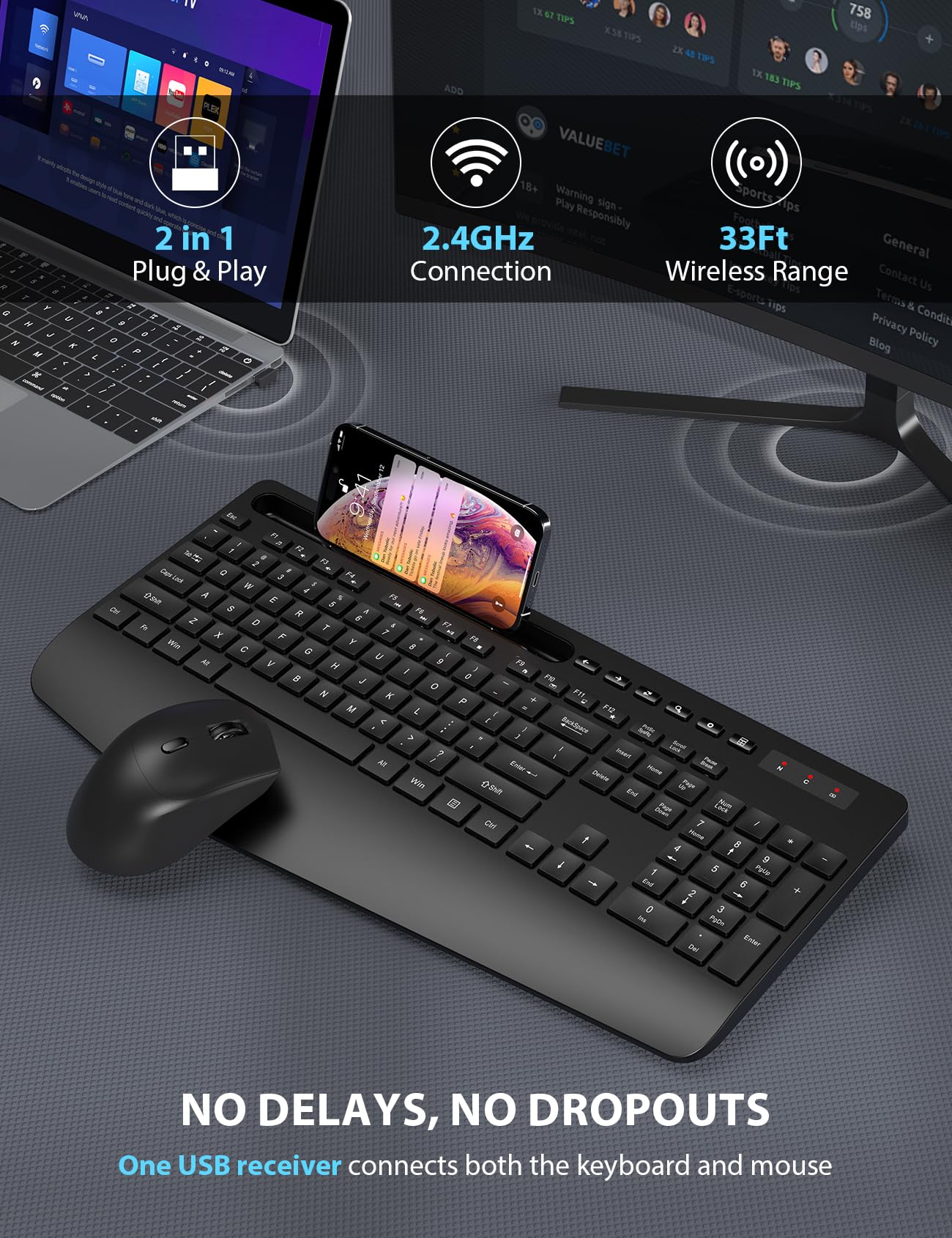 Wireless Keyboard And Mouse Combo   Full Sized Ergonomic Keyboard With Wrist Rest, Phone Holder, Sleep Mode, Silent 2.4Ghz Cordless Keyboard Mouse Combo For Computer, Laptop, Pc, Mac, Windows  Trueque