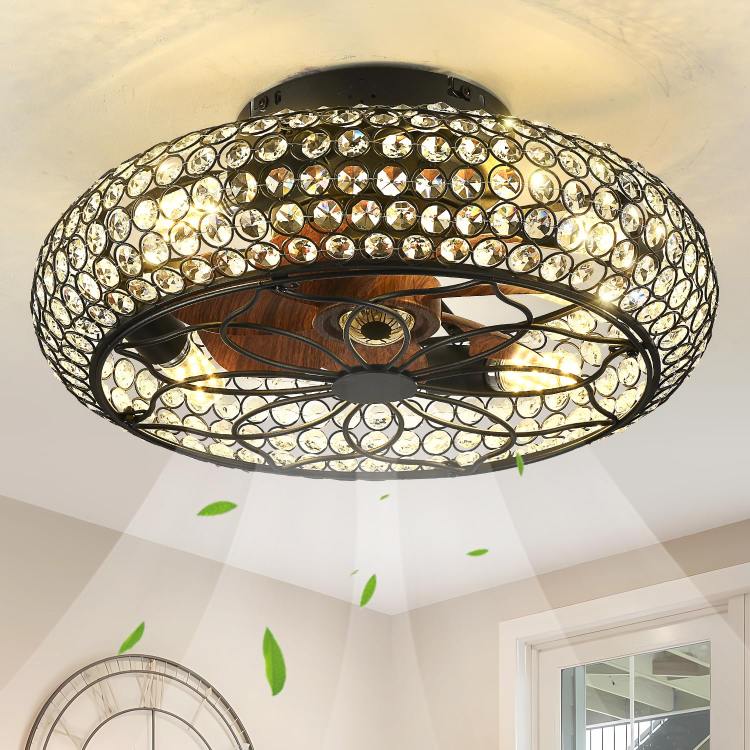 Xudom Caged Crystal Ceiling Fans With Lights And Remote,18.8'' Flush Mount Low Profile Ceiling Fan With Light,6 Speed Enclosed C