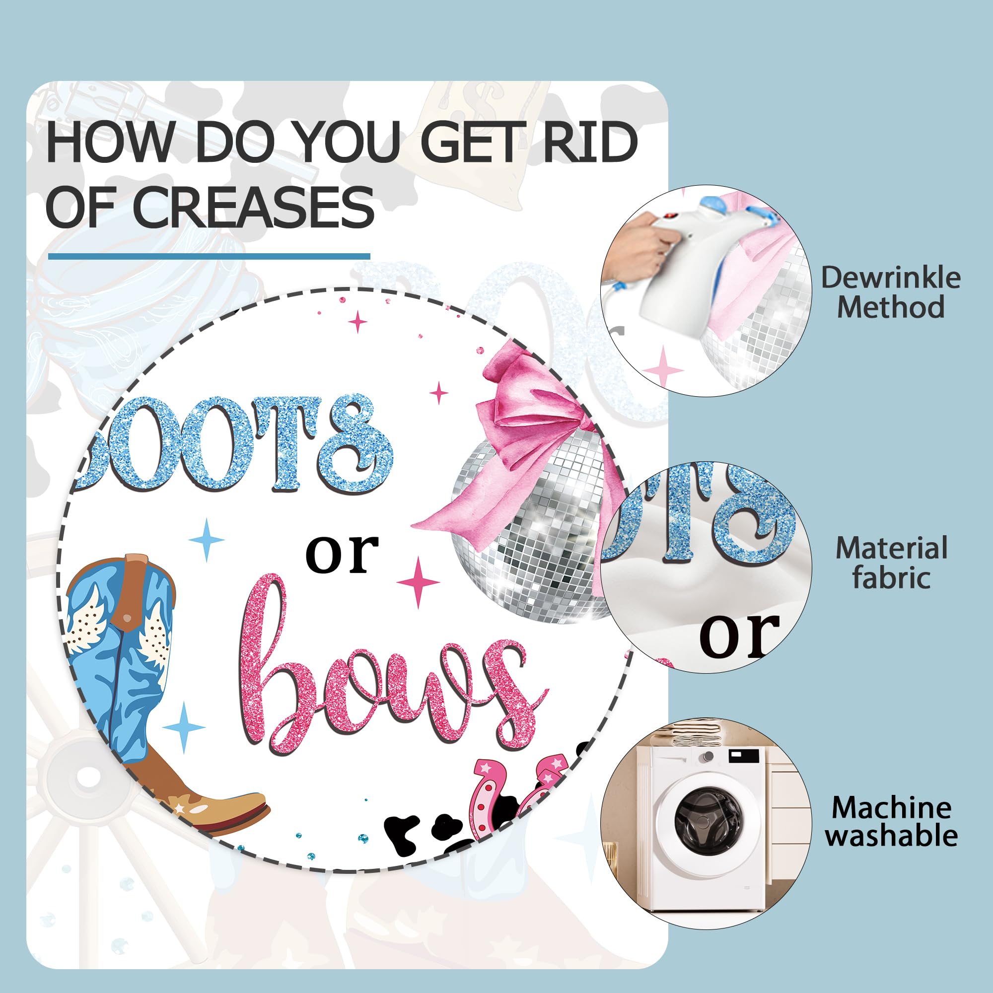 Ufeela Boots Or Bows Gender Reveal Backdrop Western Pink Blue Cowboy Cowgirl Cute Cow Print Boy Girl Disco 7Wx5H Feet Fabric Pol