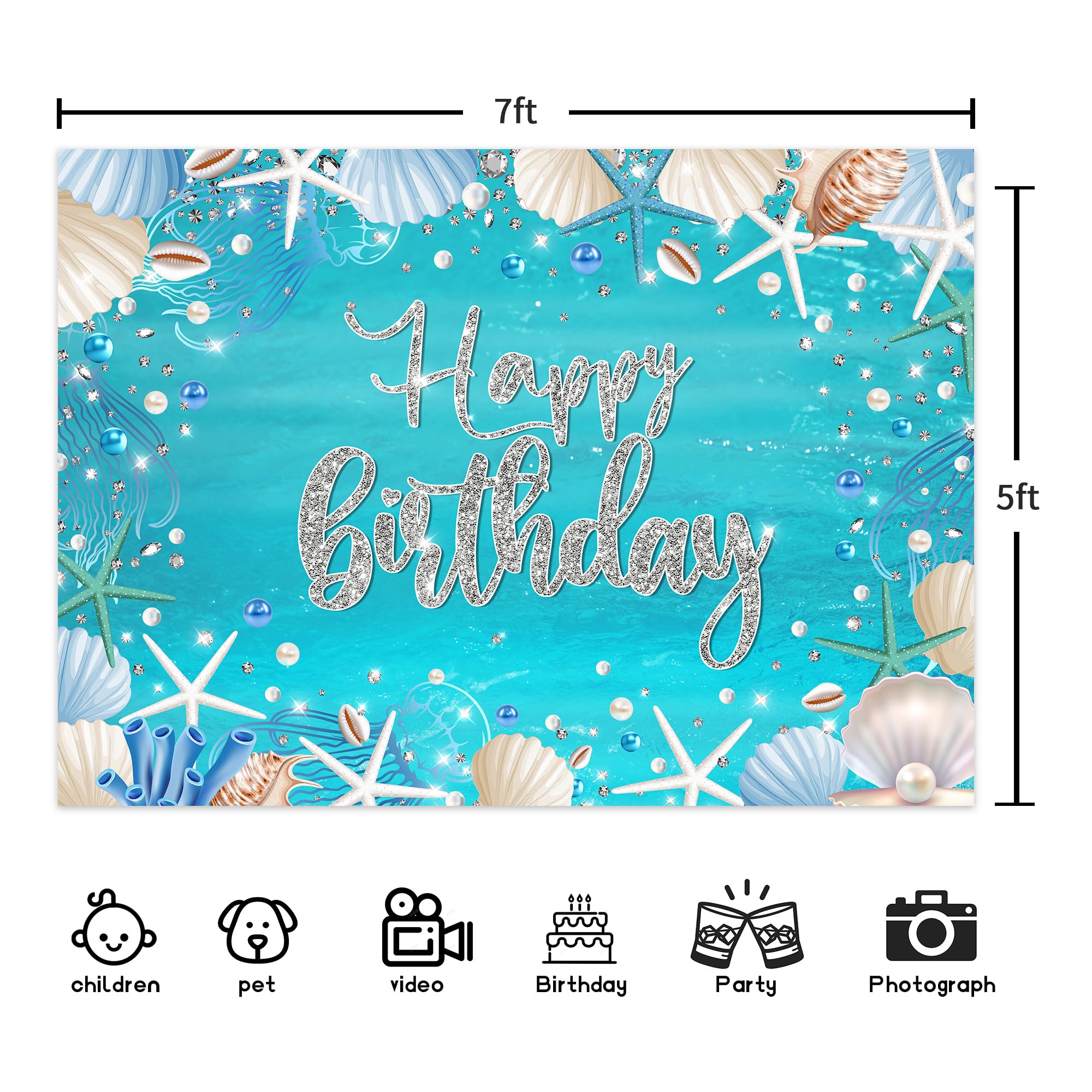 Ufeela Ocean Birthday Backdrop Summer Underwater Sea Happy Birthday Banner Blue Starfish Seashell Mermaid Diamonds Pearl 7Wx5H F