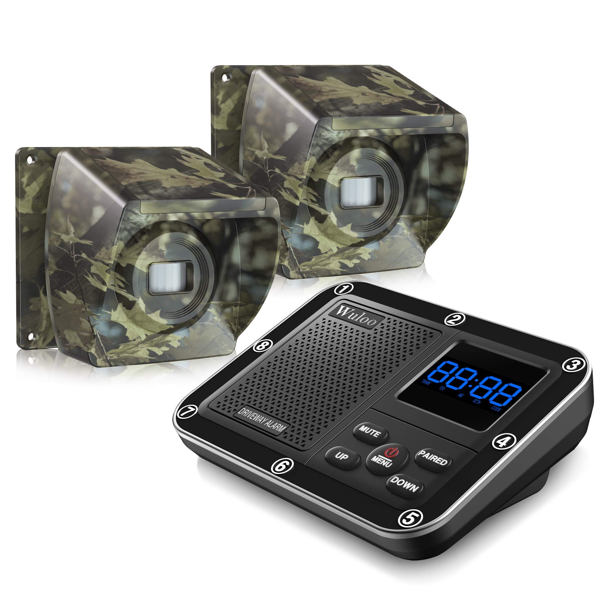 1800 Ft Wireless Outside Driveway Alarm Outdoor Motion Sensor & Detector Driveway Alert System, Rechargeable Battery/Weatherproof/Mute Mode/Clock And Alarm Functional (1&2 Camouflage)