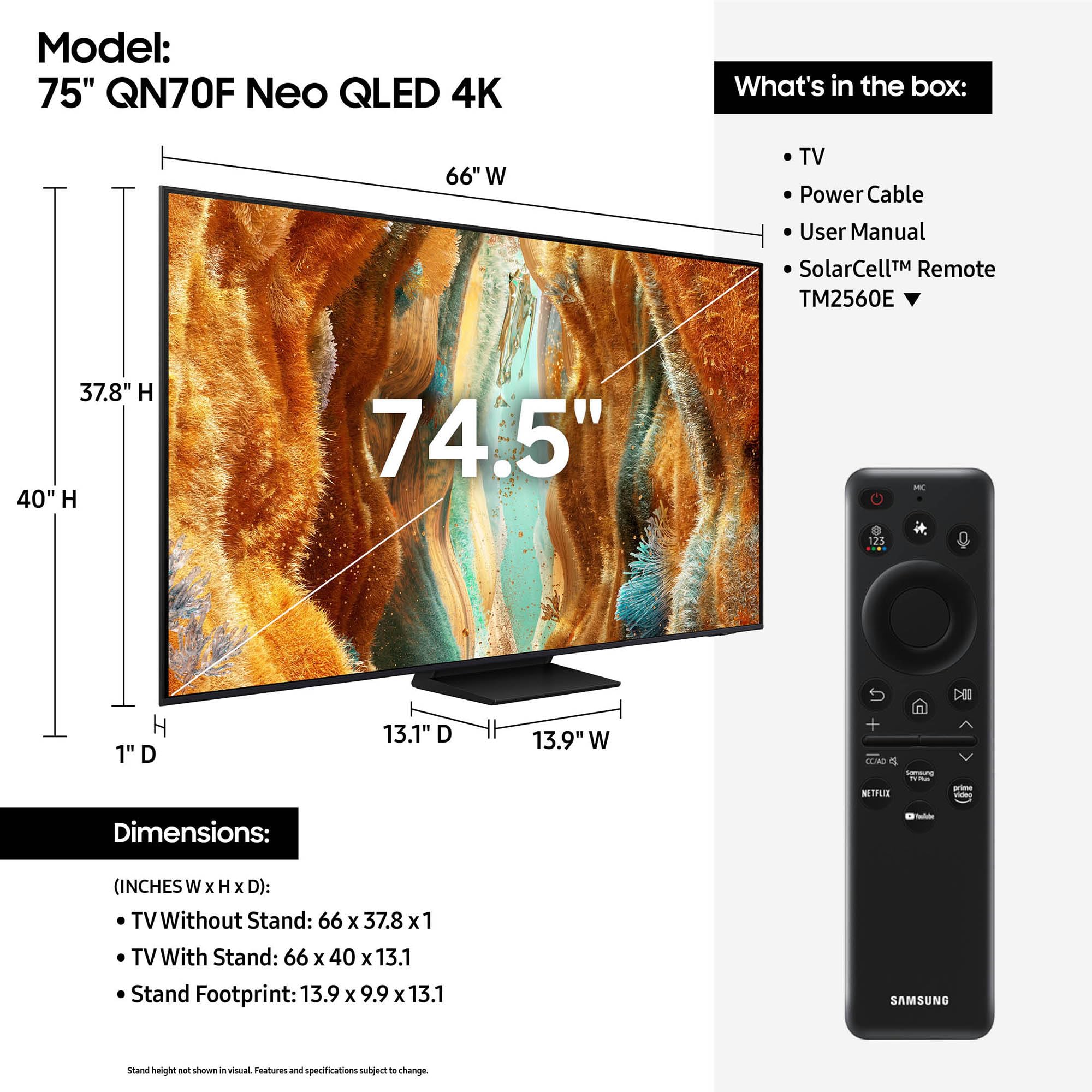 Samsung 75-Inch Class Neo Qled Qn70F 4K Mini Led Smart Tv (2025 Model) Nq4 Ai Gen2 Processor, Quantum Matrix Technology Slim, Mo