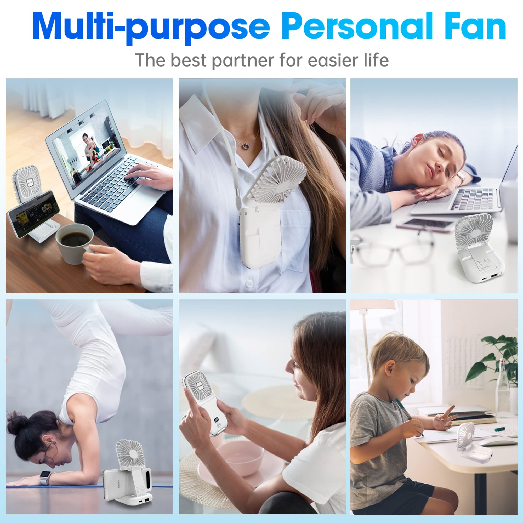 Zexalight Upgraded 5-In-1 Portable Handheld Fan, Necklace Fan, Mini Desk Fan, Foldable Phone Stand, Emergency Backup Power, Quie