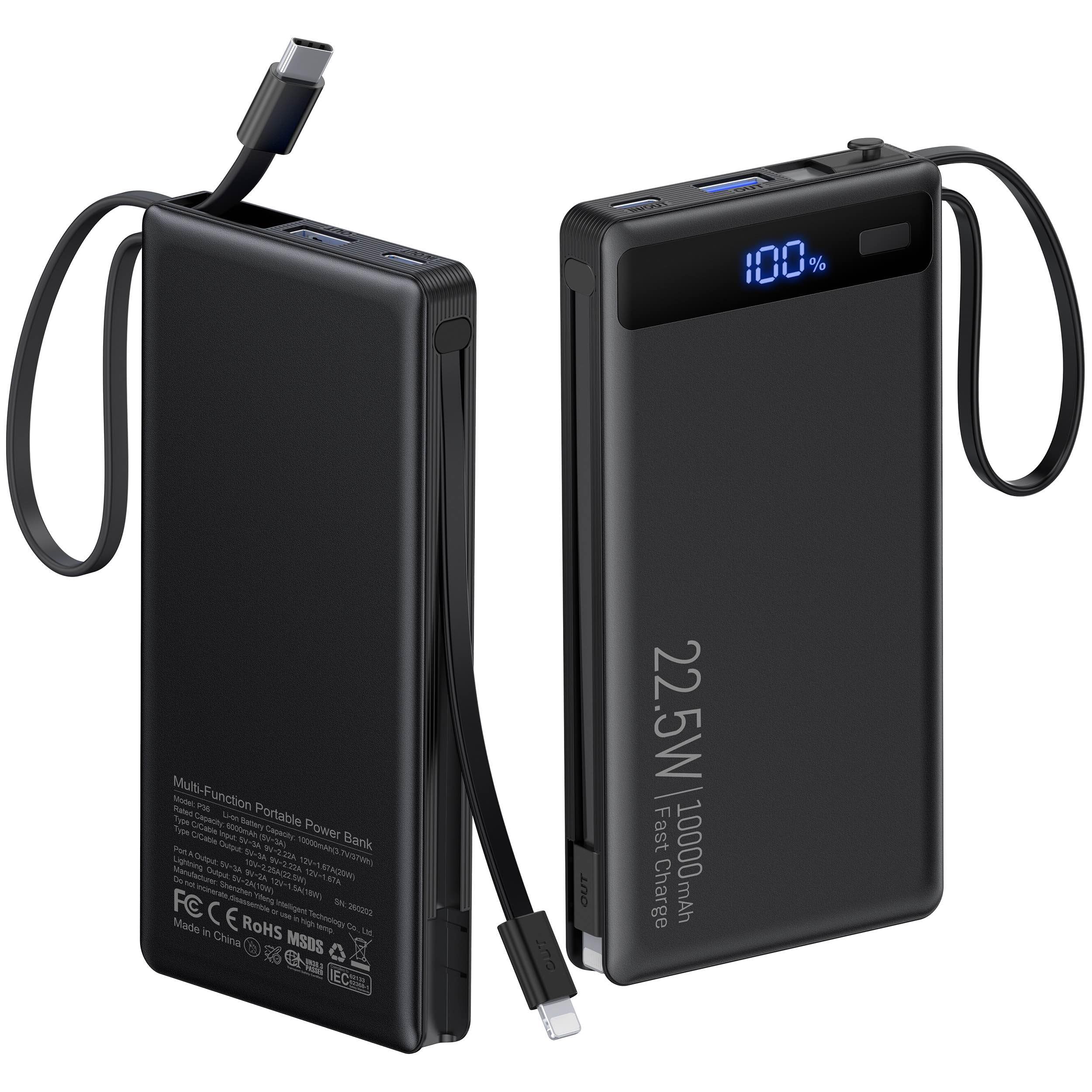 10000mAh Power Bank Builtin 2 Cables,40% Thinner 22.5W PD Portable Charger