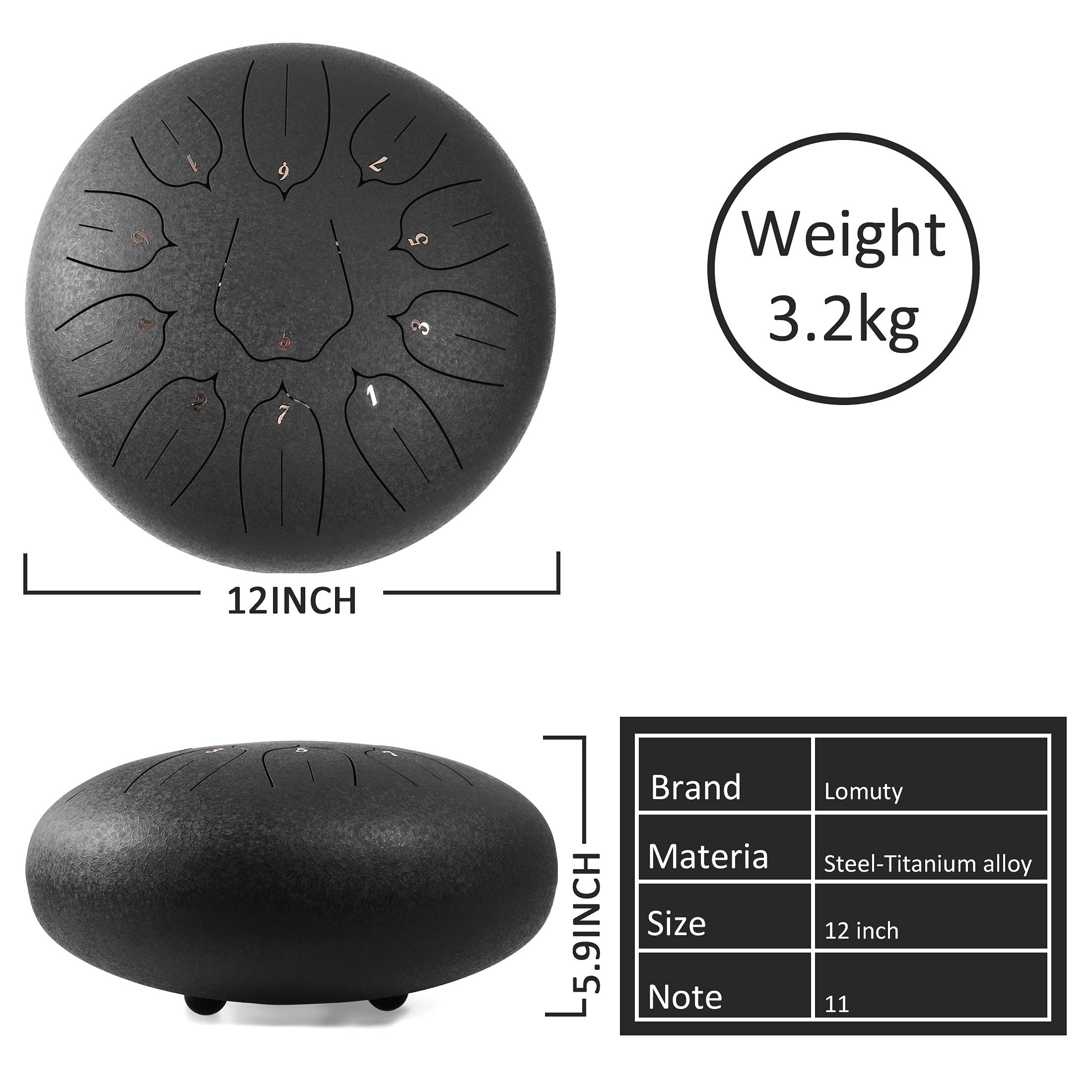 Lomuty Steel Tongue Drum   11 Notes 12 Inches   Percussion Instrument  Handpan Drum With Bag, Music Book, Mallets, Finger Picks