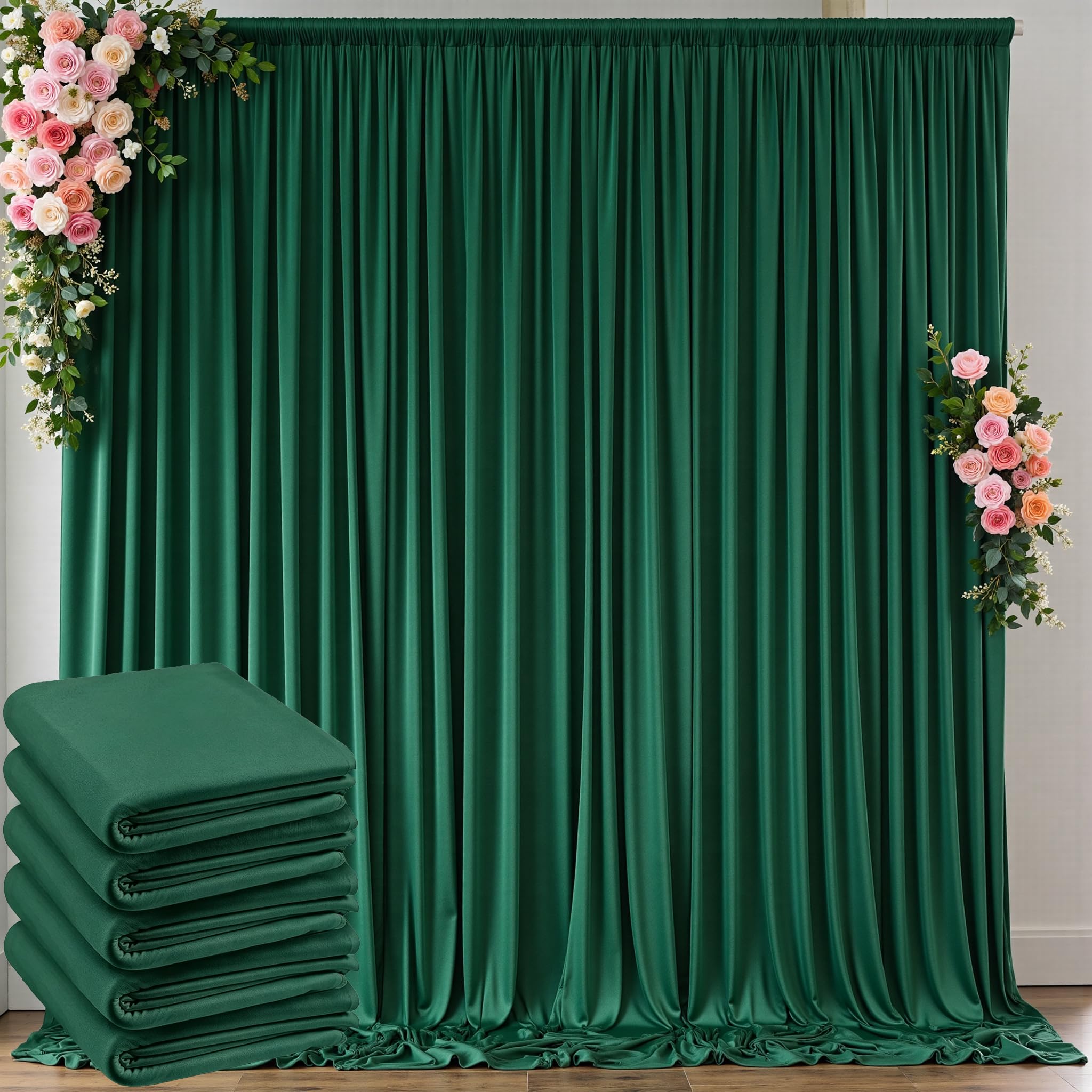 20 ft x 10 ft Wrinkle Free Hunter Green Backdrop Curtain for Parties, Polyester Dark Green Photo Backdrop Drapes 4 Panels 5x10ft