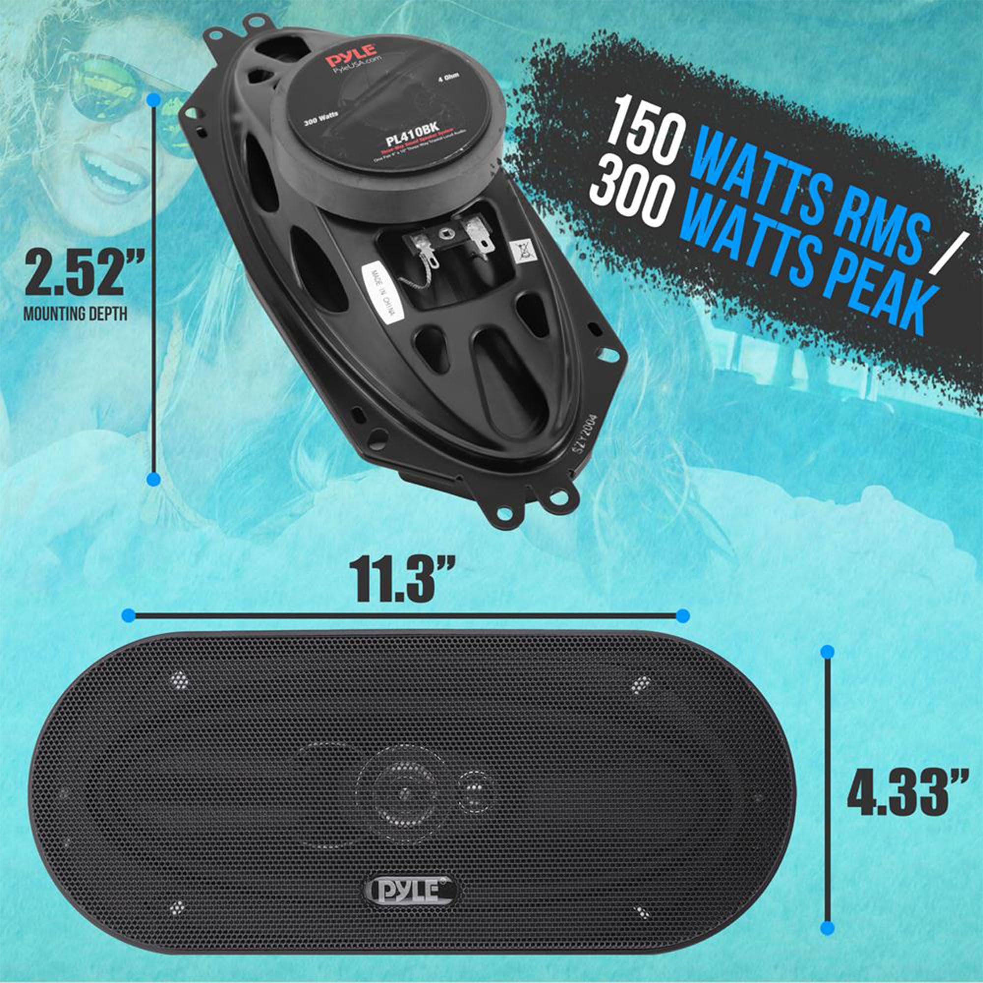 Pyle 3 Way Universal Car Stereo Speakers   300W 4'' X 10'' Triaxial Loud Pro Audio Car Speaker Universal Oem Quick Replacement C