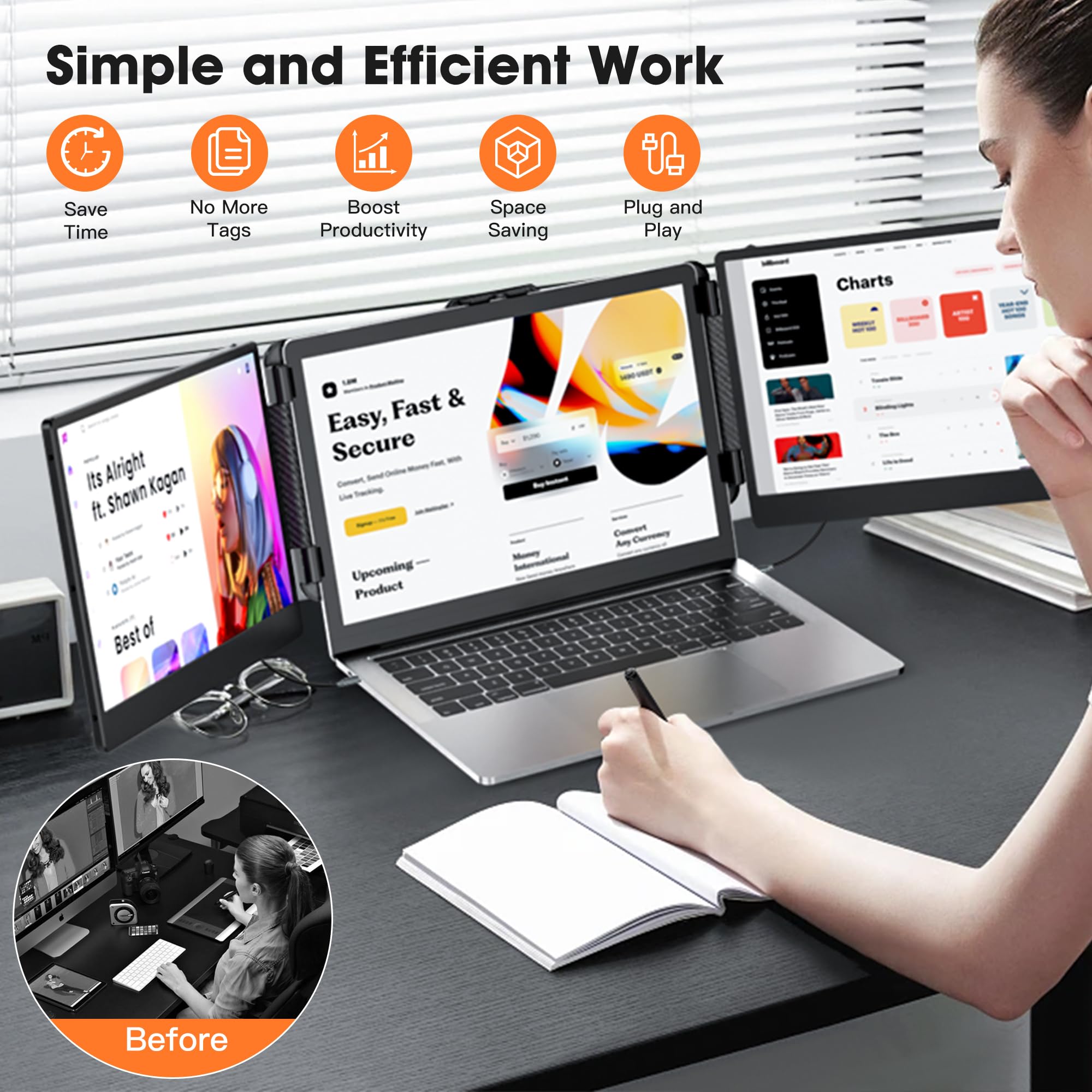 Jjtechgiant Triple Portable Monitor For Laptop Screen Extender Dual Monitor 14 Inch Fhd 1080P Tri Screen Display 4 Speakers Plug