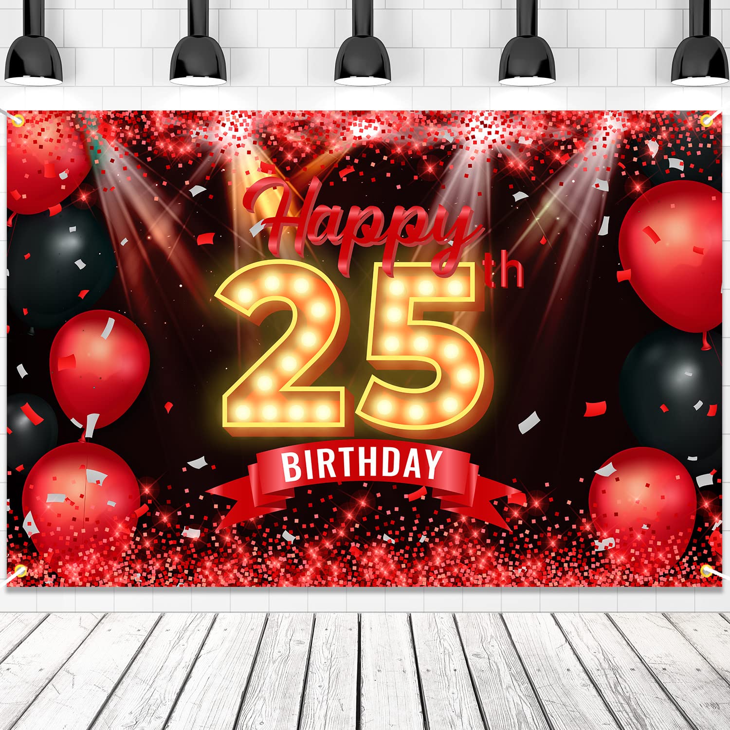 Happy 25th Birthday Banner Backdrop Red and Black 25 Years Old Background Bday Decorations for Women Men Photography Party Suppl