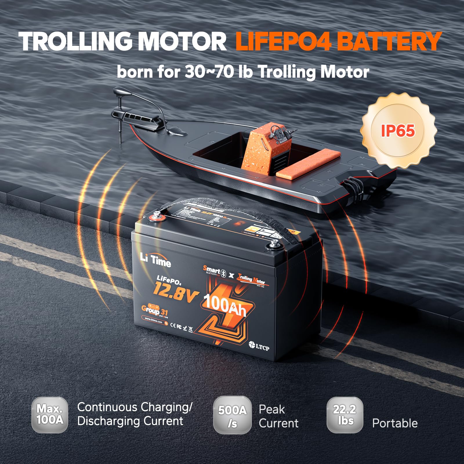 Litime 2 Pack 12V 100Ah Trolling Motors Lithium Battery, Group 31 Bluetooth Lifepo4 Battery | Low-Temp Protection | 100A Bms | B