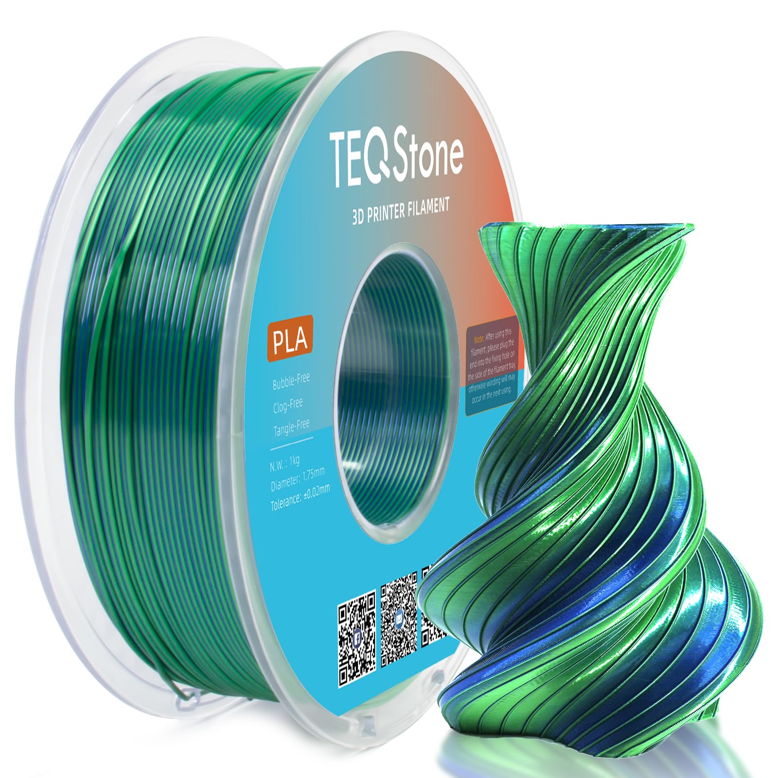 TEQStone Dual Color Silk PLA Filament 1.75mm Blue Green 1KG, Shiny High Gloss Finish, Seamless Color Transition, Neatly Wound, A