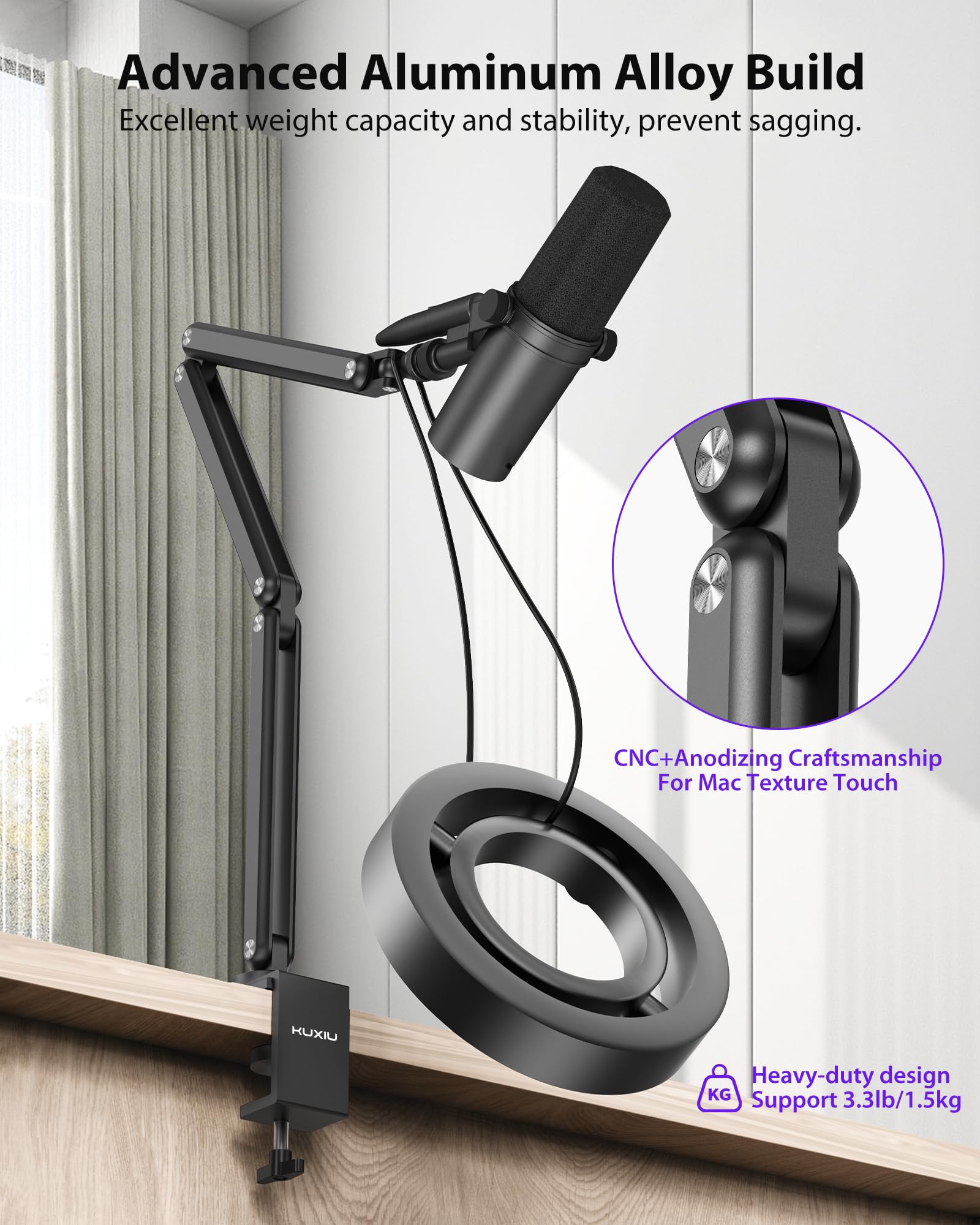 Ku Xiu Aluminum Alloy Boom Arm Microphone Stand For Desk, Three-Section Adjustable Mic Arm Mount With Cable Management Channels