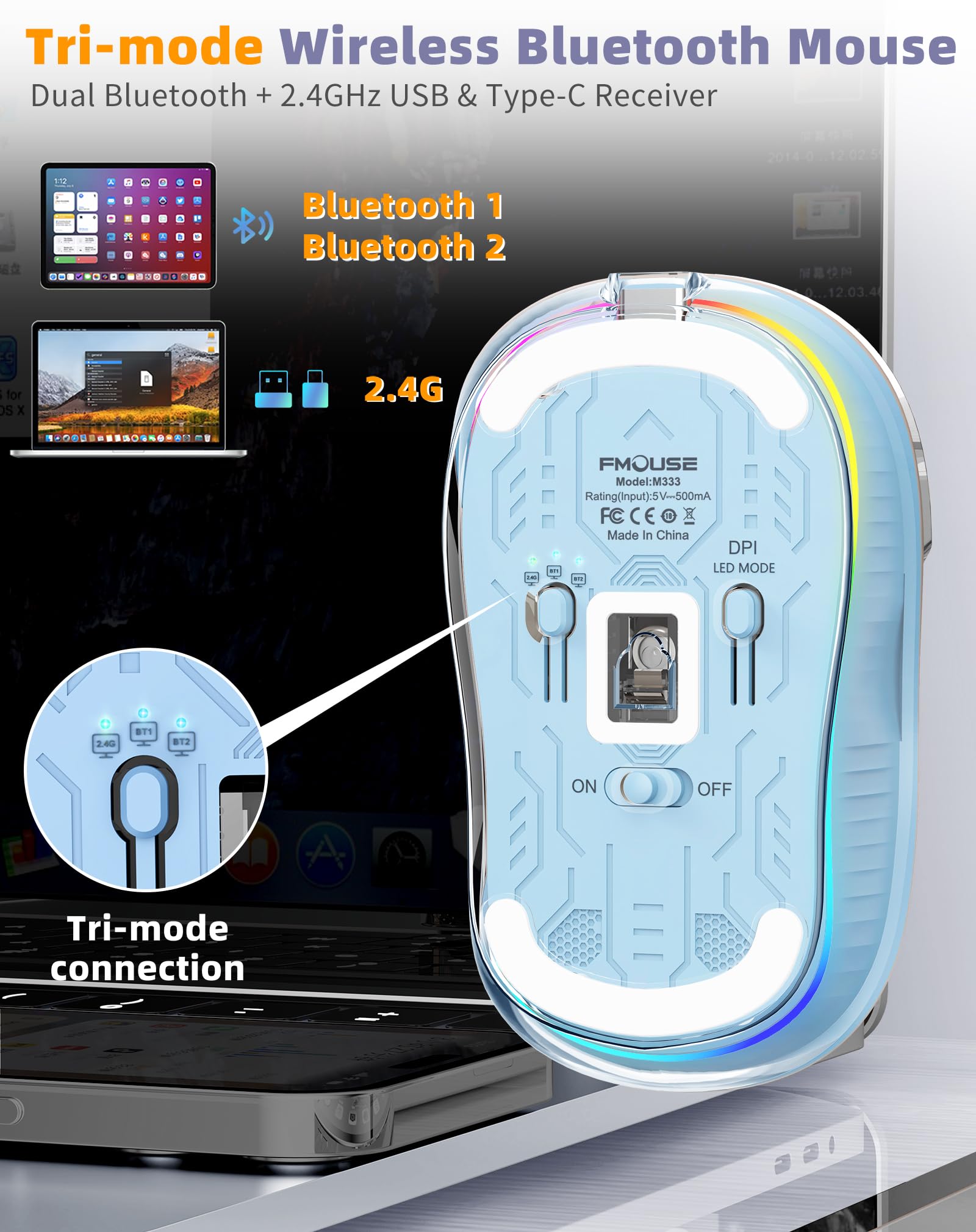 Fmouse Unique Transparent Bluetooth Mouse With Usb & Type C Two Receiver, Small Portable Wireless Rechargeable Mice For Macbook/