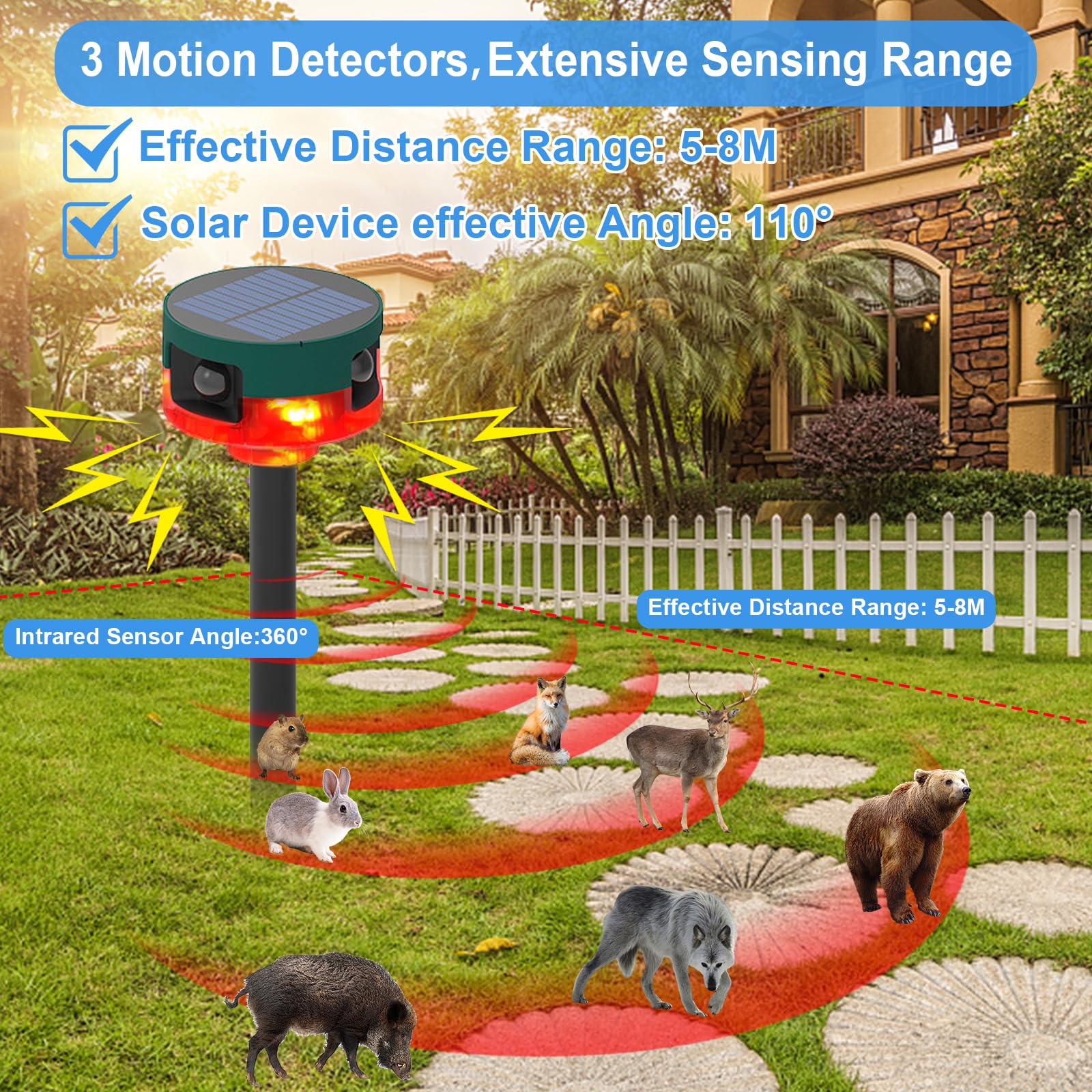 Chunhee Solar Outdoor Motion Sensor Alarm,Dog Barking Alarm & Support Recording,129Db Loud Siren,360�Motion Activated Detection,13 Kinds Of Sound Strobe Light For Home,Farm,Barn,Villa,Yard 3Pack