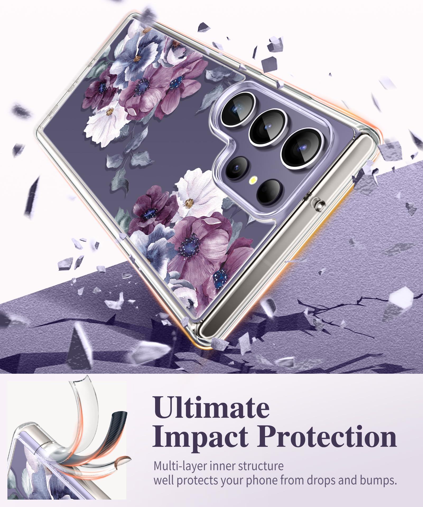 Gviewin For Samsung Galaxy S24 Ultra Case With Screen Protector+Camera Protector, [Mil Grade Drop Protection]Floral Clear Slim S