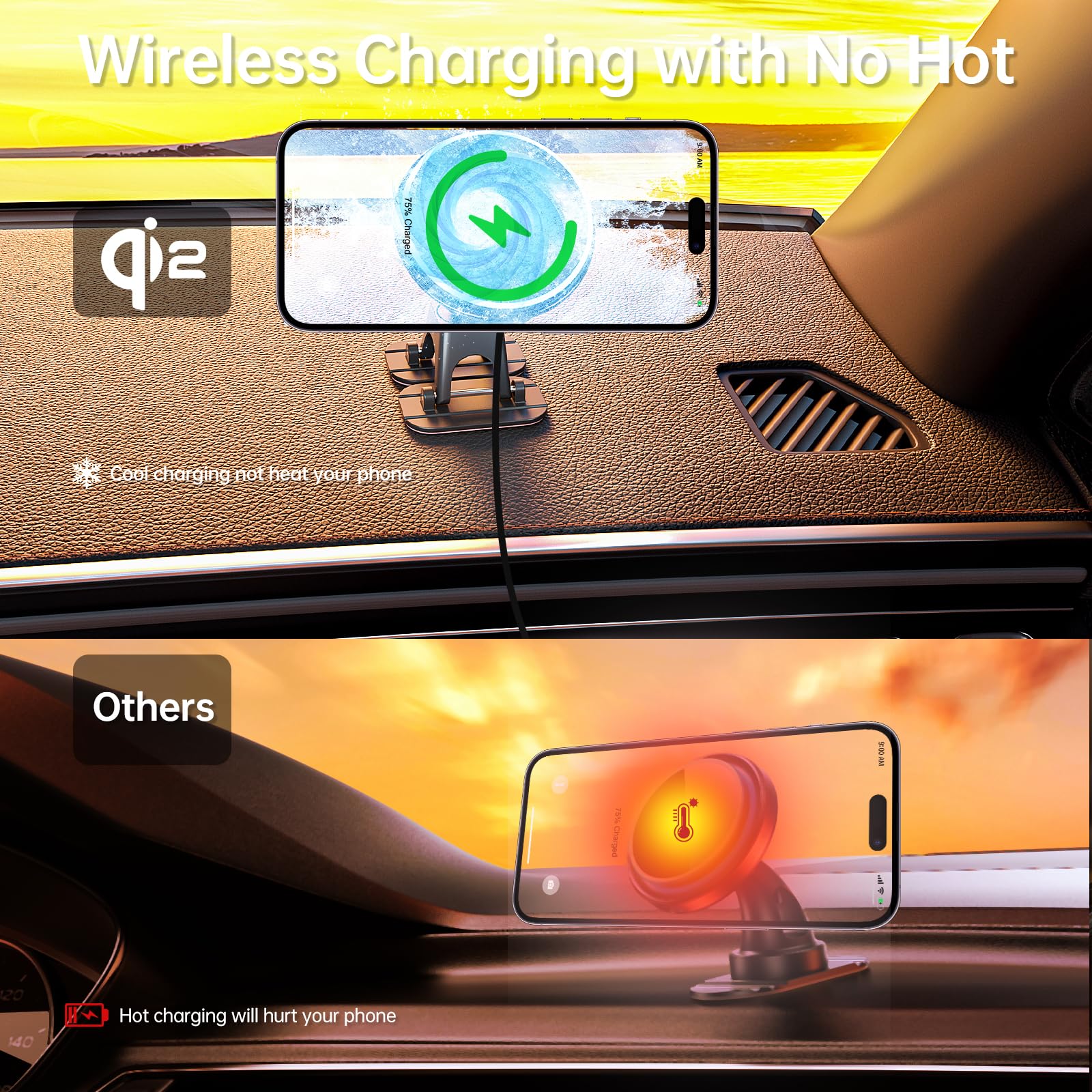 Aihiwvol For Qi2 15W Magsafe Car Mount Charger, Heat Restriction Charging, 360 Adjustable And Foldable Phone Holder Charger For