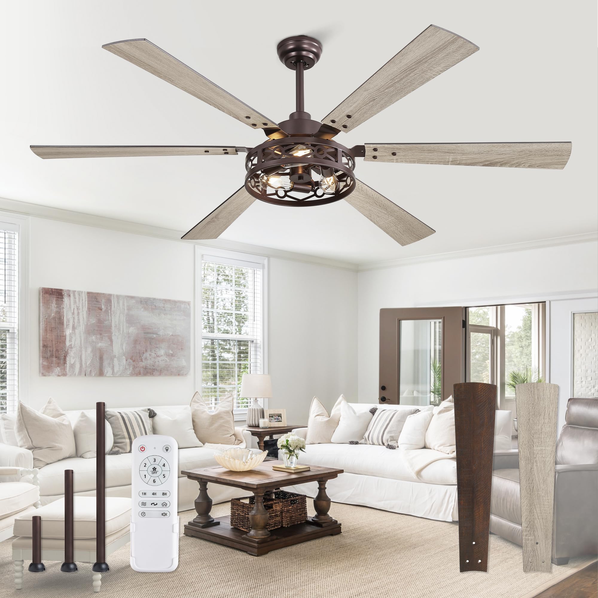 Fanbulous 65 Inch Ceiling Fan With Lights, Farmhouse Caged Ceiling Fans With Remote,Oil Bronze Industrial Ceiling Fans With Quie