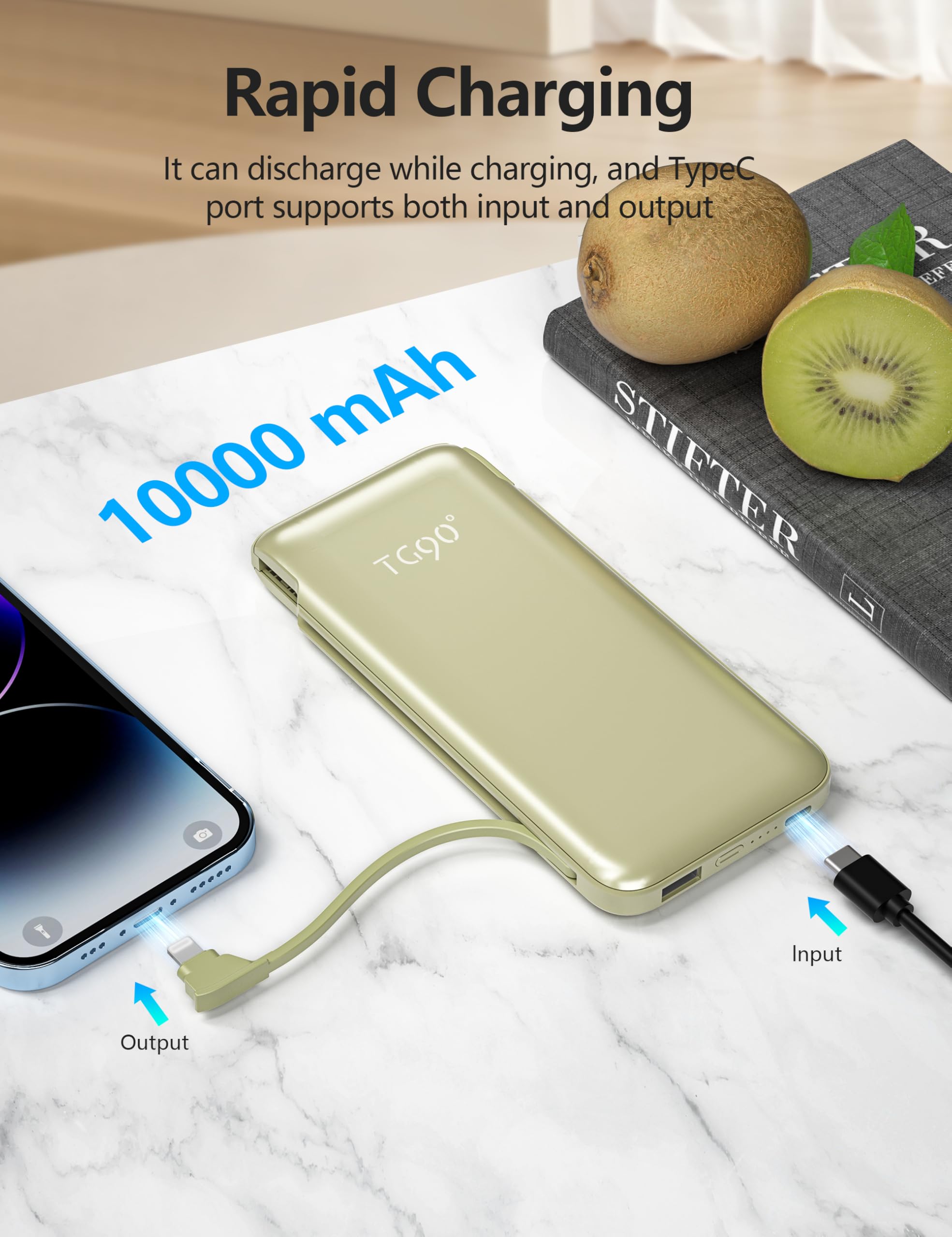 Metecsmart Portable Charger Power Bank With Built In Cable And Ac Wall Plug, 10000Mah Fast Usb C Phone Charger, Slim Thin Mini C