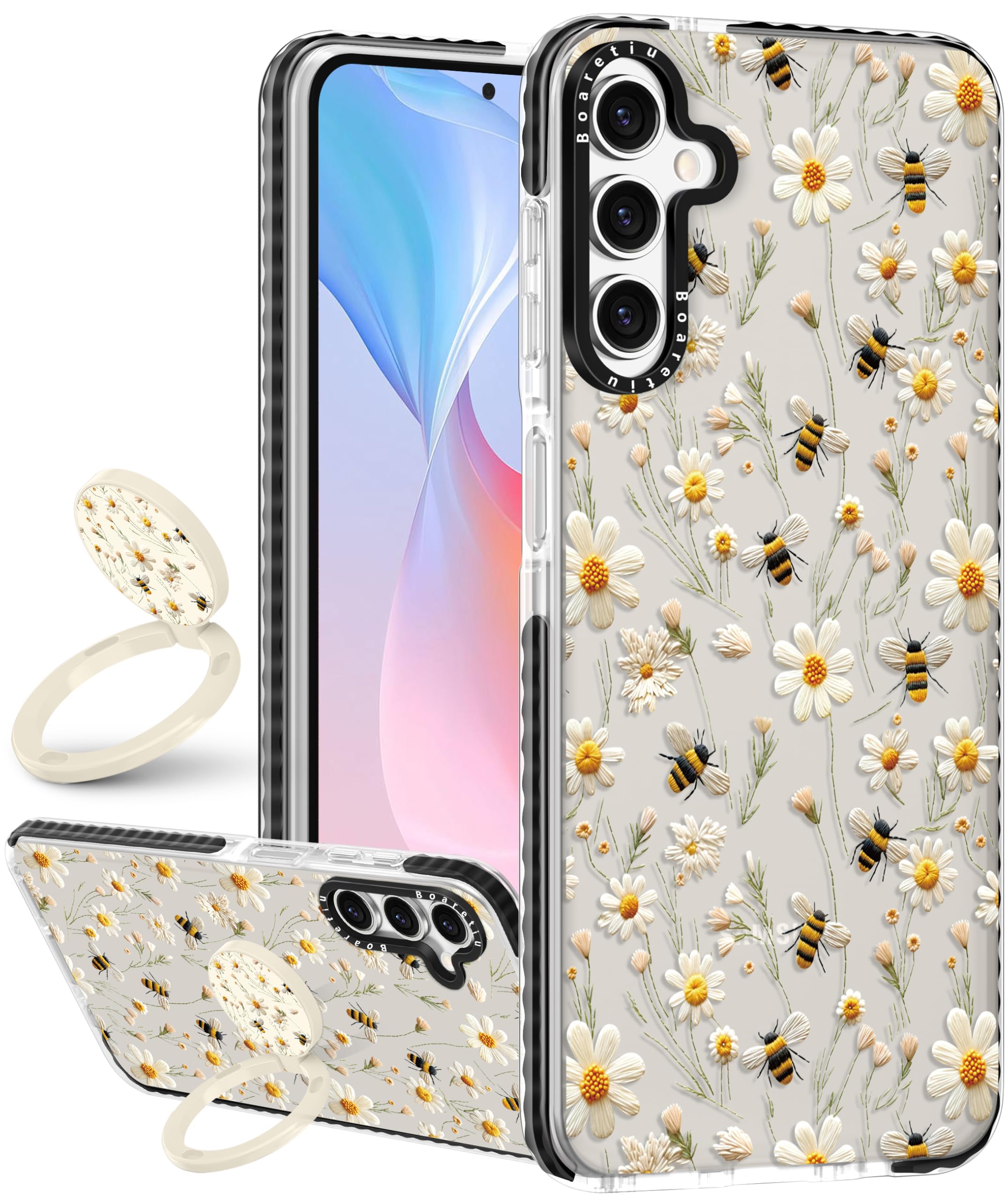 Boaretiu Cute Kawaii for Samsung Galaxy S25 Case with Stand - Fashion Cool 360 Rotate Ring Holder Kickstand Flower Bee for Women