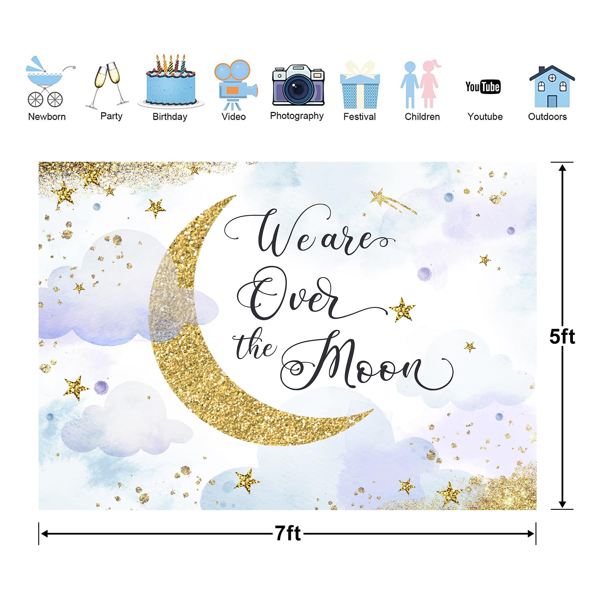 Glawry We Are Over The Moon Baby Shower Backdrop 7Wx5H Feet Boho Watercolor Cute Purple Blue Stars Clouds Gold Dots Celestial Pa